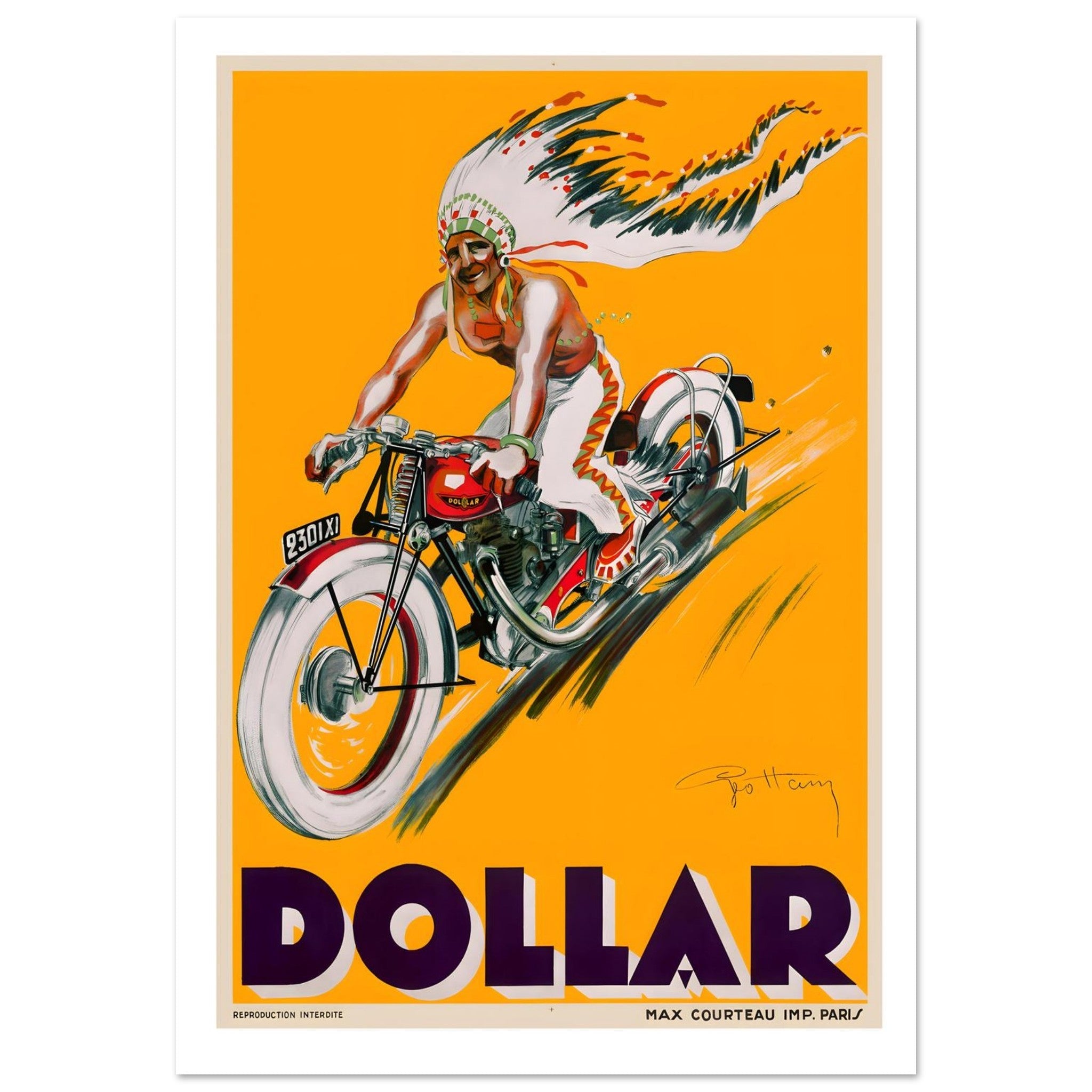 Dynamic Vintage Dollar Motorcycle Advertising Poster - Transit Art