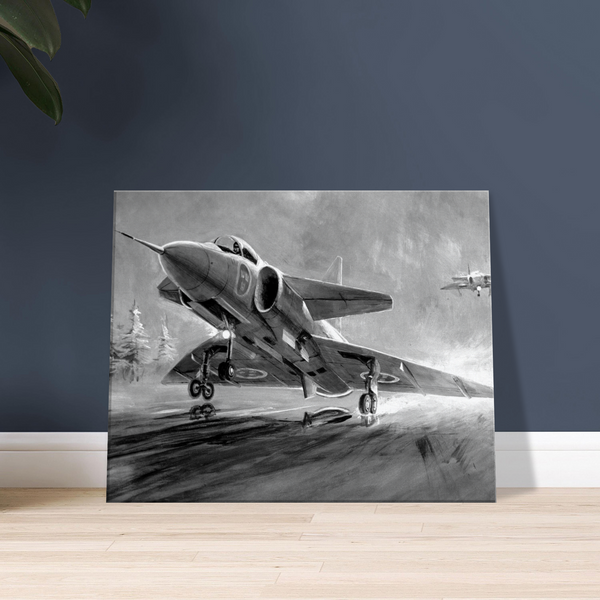 Canvas print showing the SAAB fighter jet J35 Viggen landing on a swedish road base in bad weather.