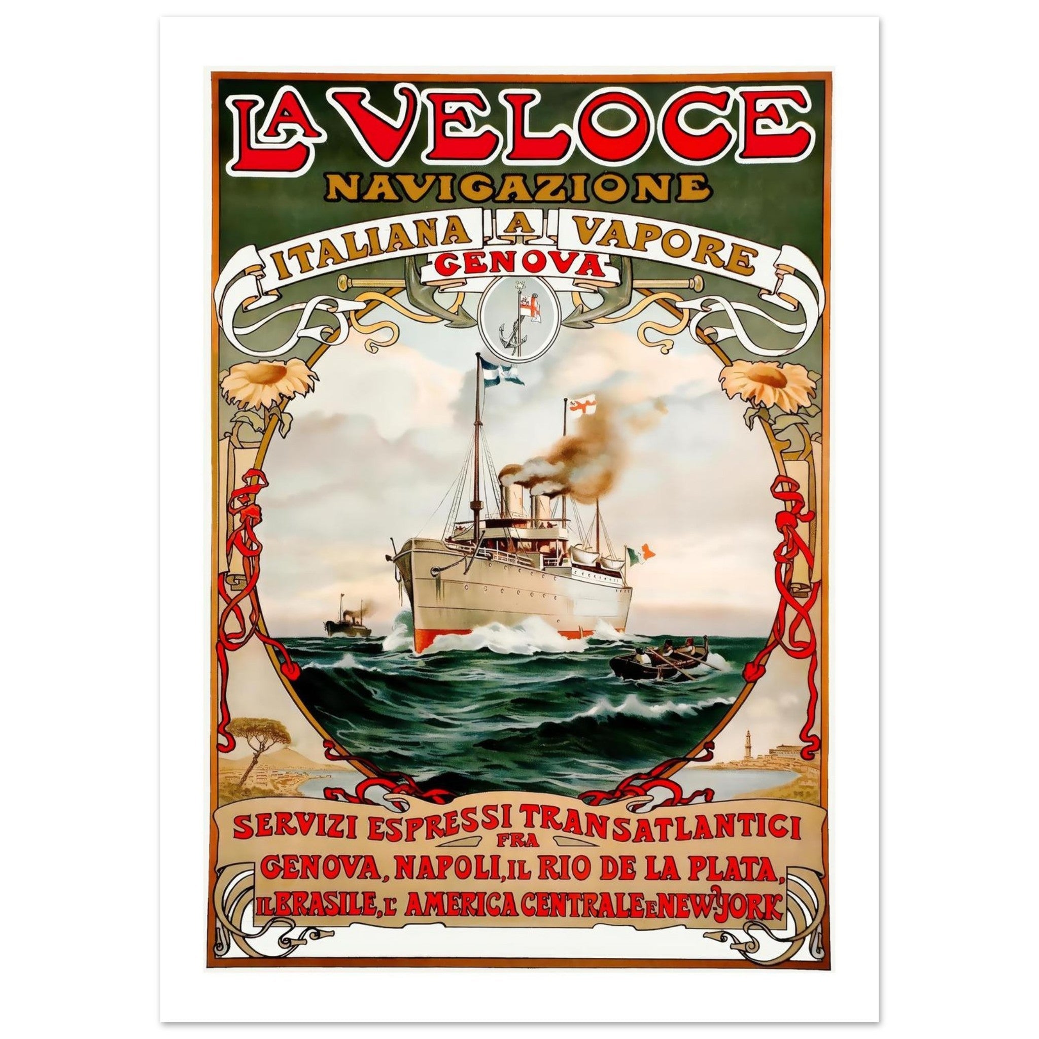La Veloce Navigazione Poster: Italian Transatlantic Services - Transit Art