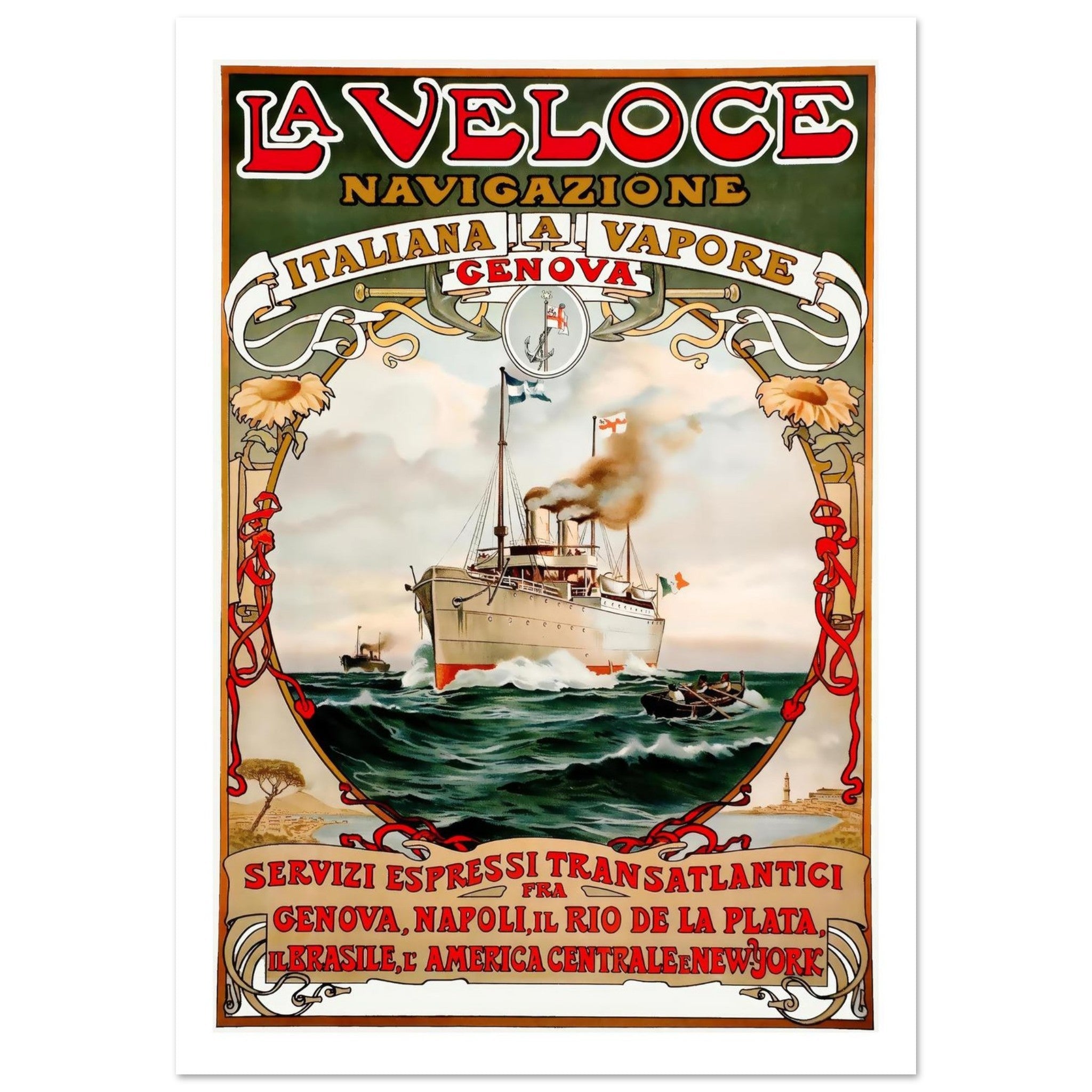 La Veloce Navigazione Poster: Italian Transatlantic Services - Transit Art