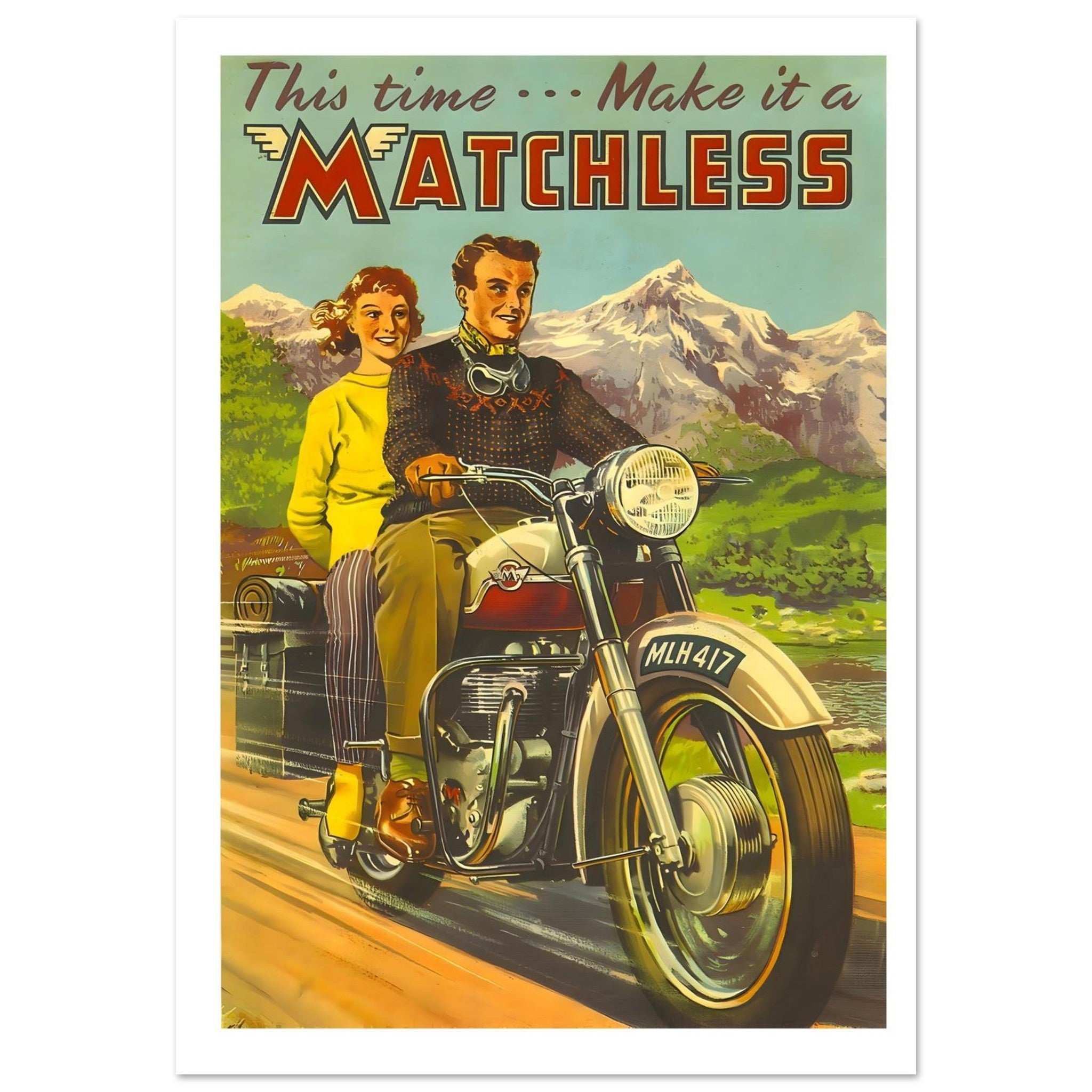 Matchless Motorcycle Advertisement with Scenic Landscape - Transit Art