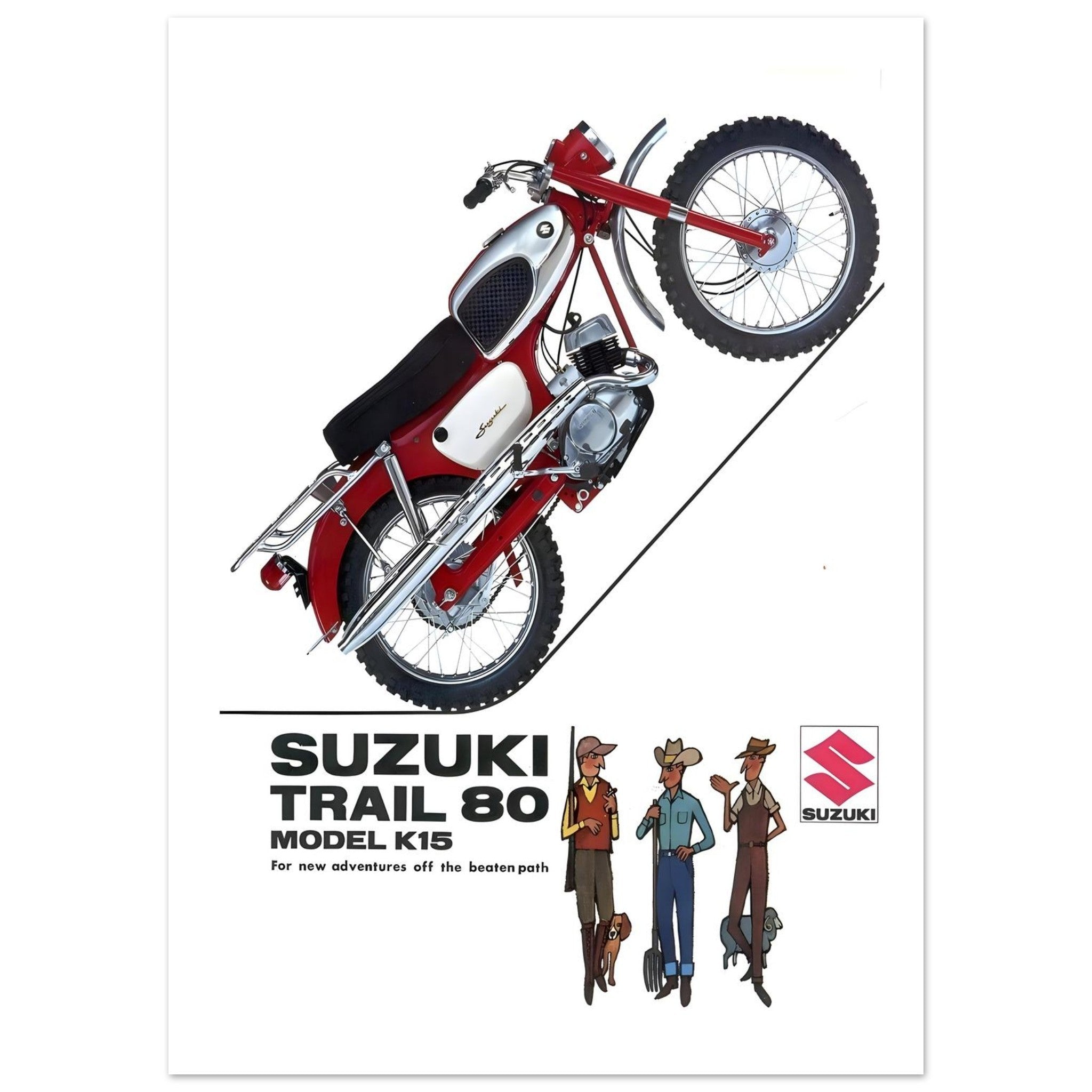 Suzuki Trail 80 motorcycle poster featuring the Model K15 climbing a steep slope for off-road adventure.