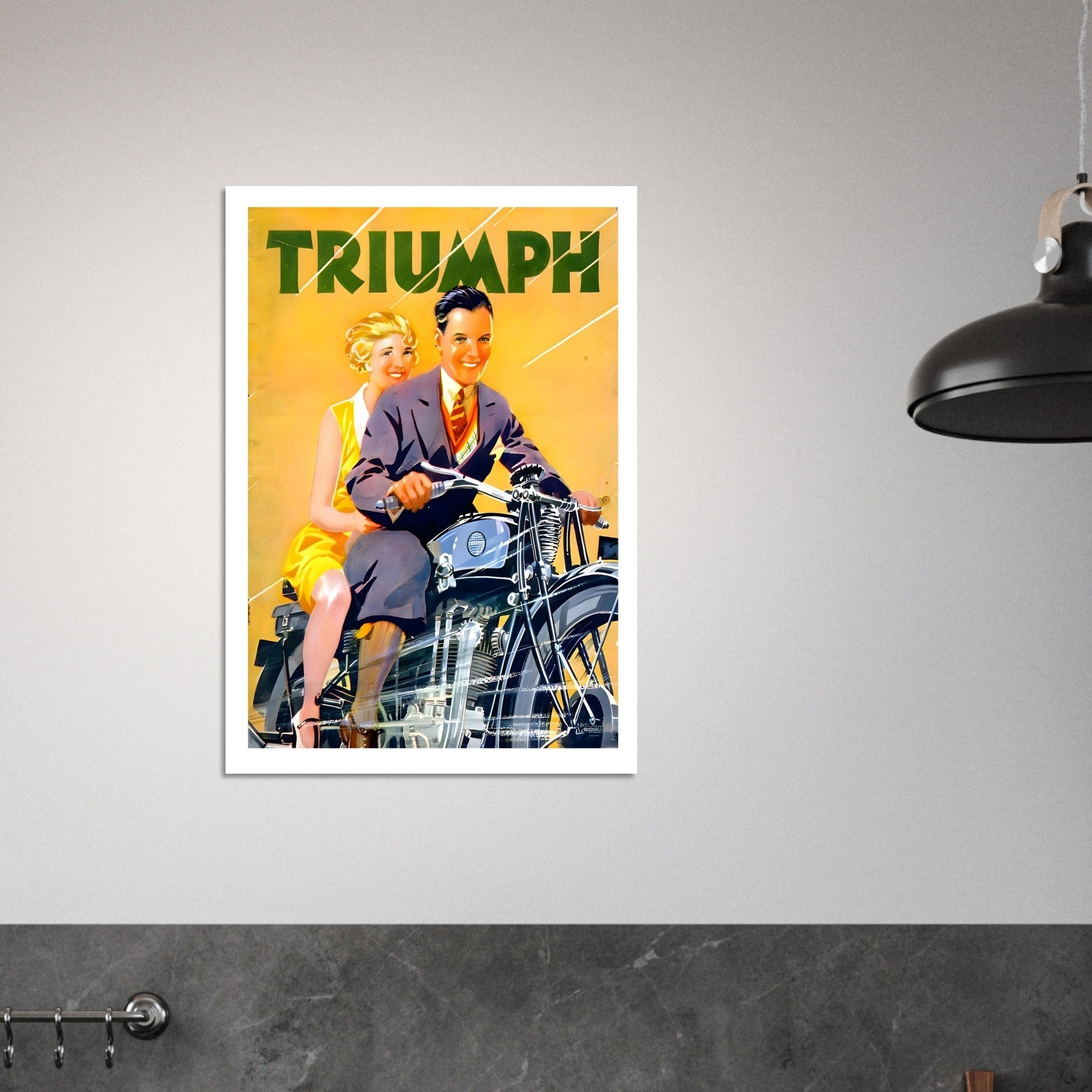 Triumph Motorcycle Advertisement Featuring Stylish Couple - Transit Art