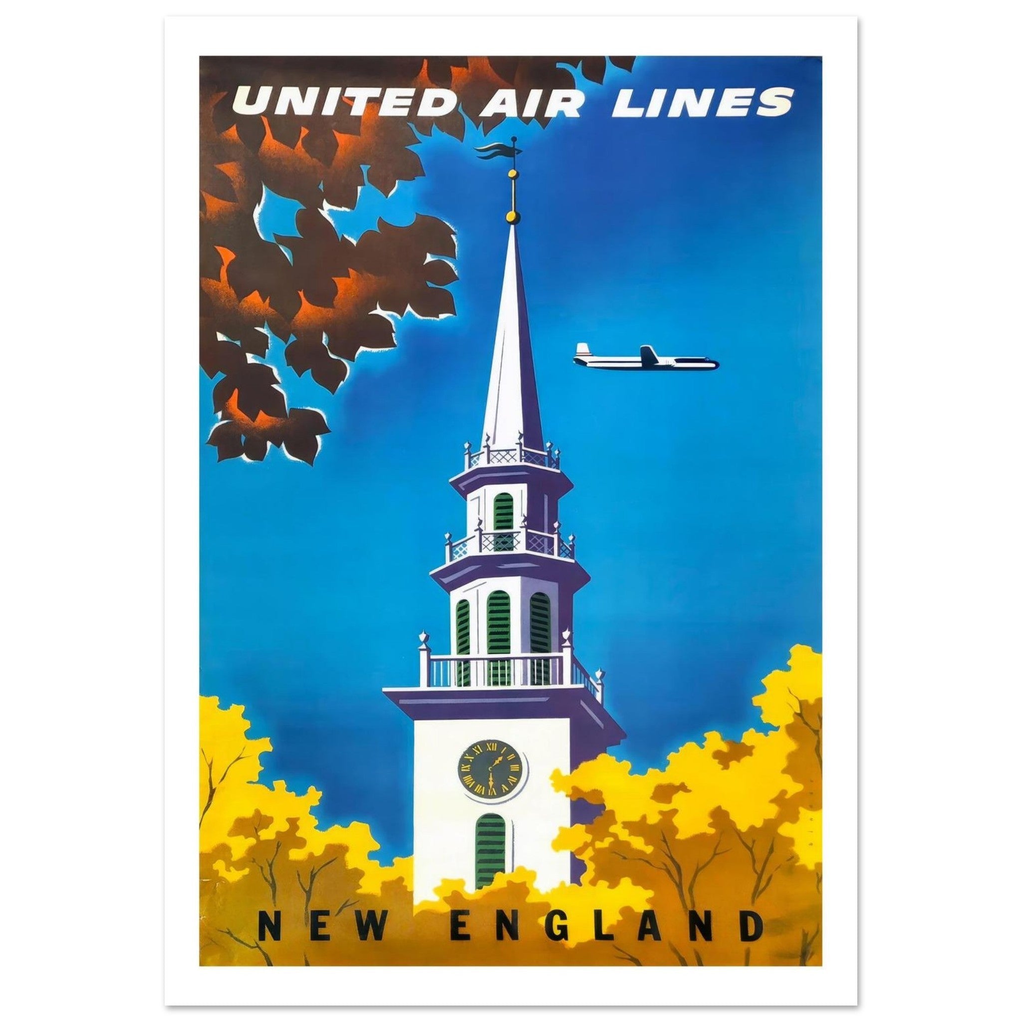 United Air Lines: New England Vintage Travel Poster - Transit Art