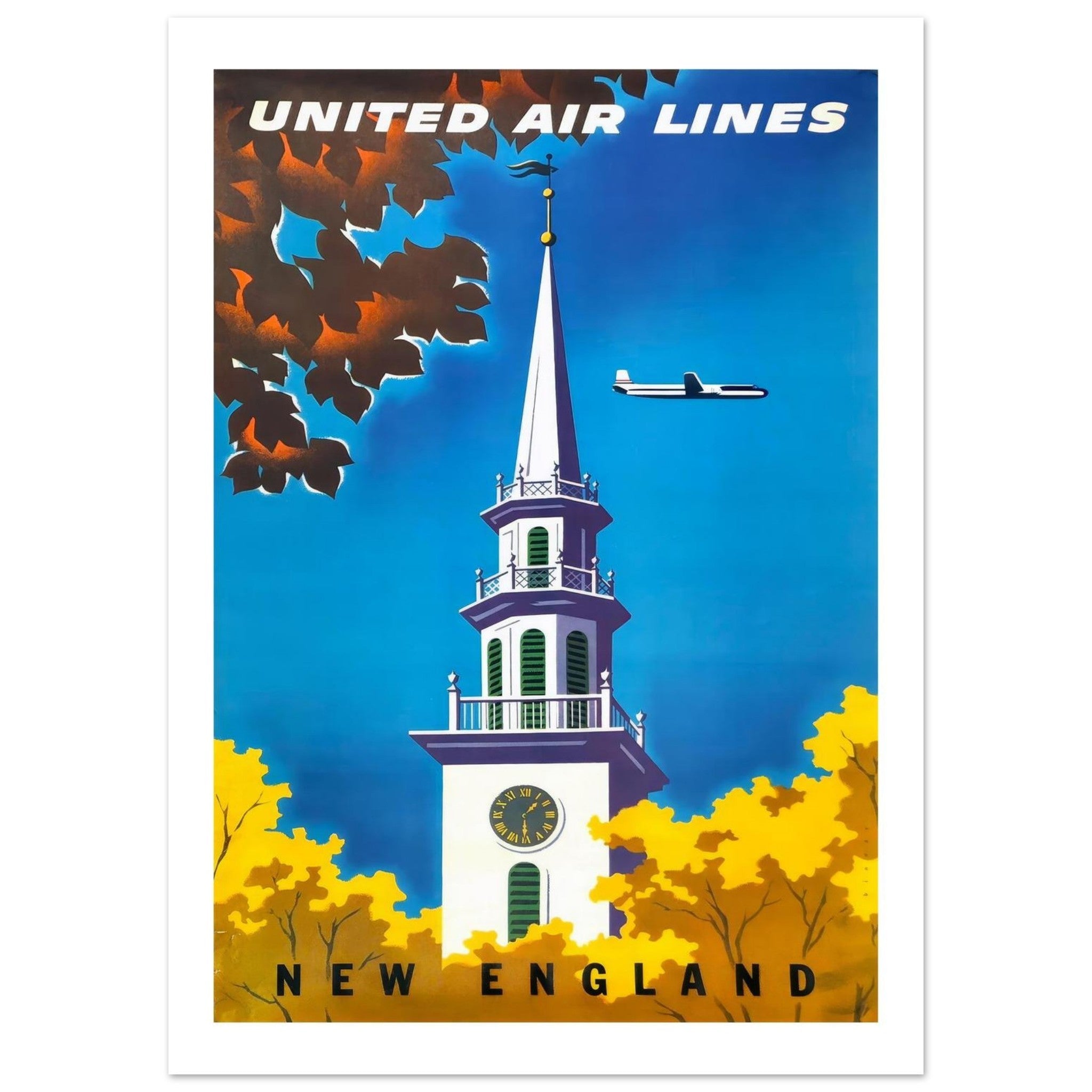 United Air Lines: New England Vintage Travel Poster - Transit Art