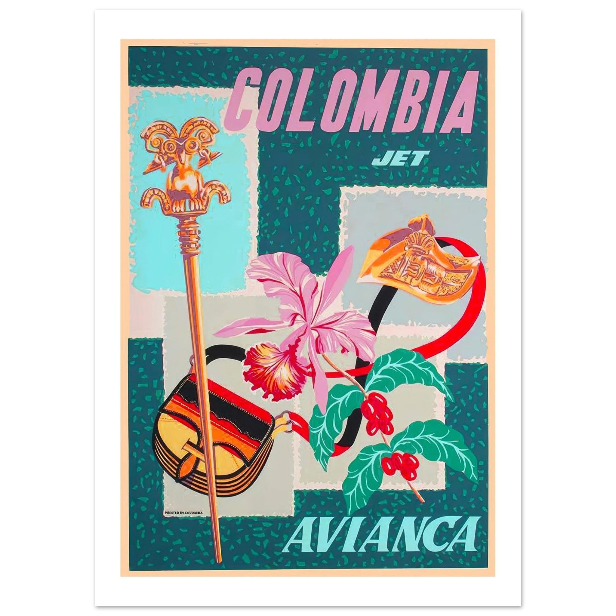Vibrant Vintage Avianca Jet Travel Poster Showcasing Icons of Colombia - Transit Art