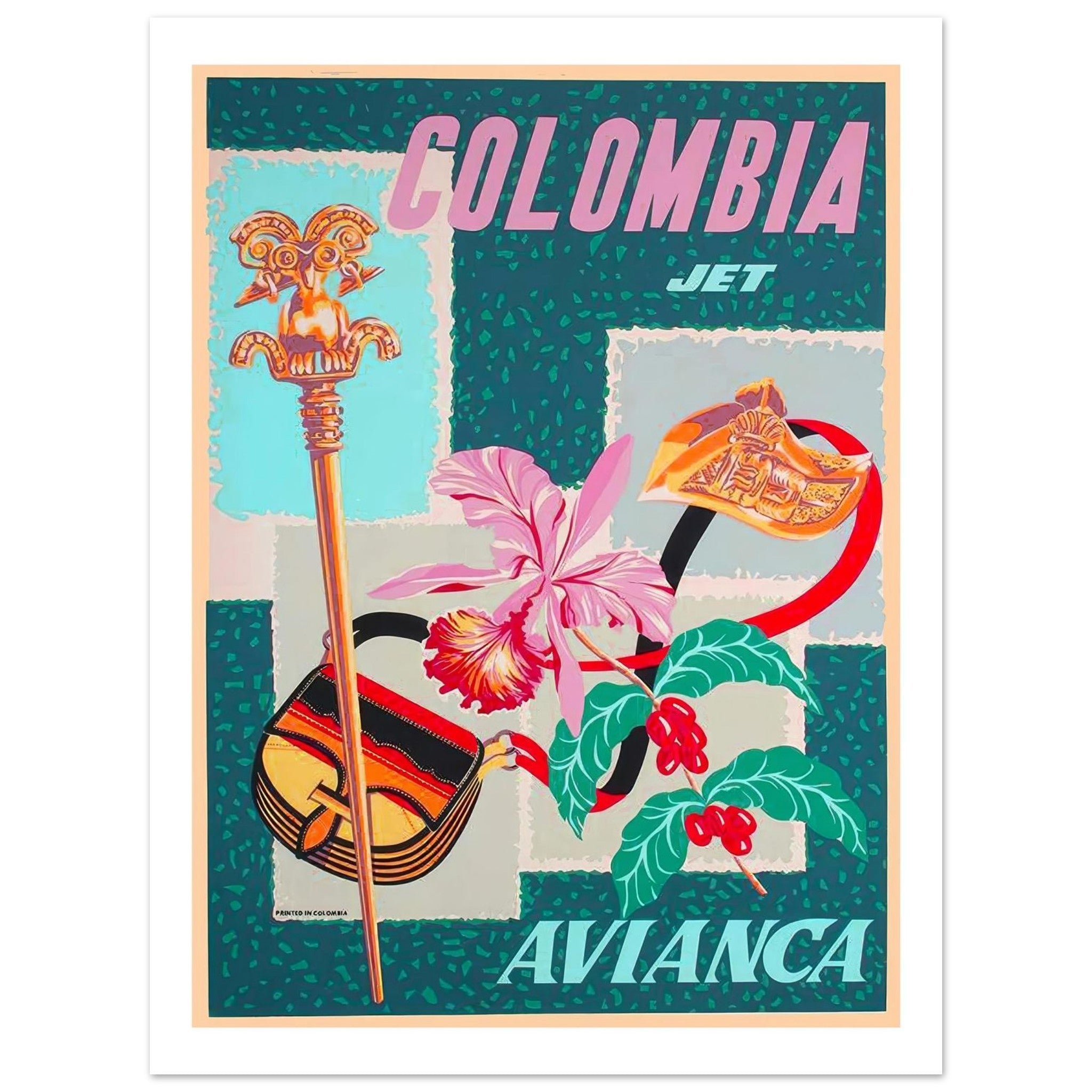 Vibrant Vintage Avianca Jet Travel Poster Showcasing Icons of Colombia - Transit Art