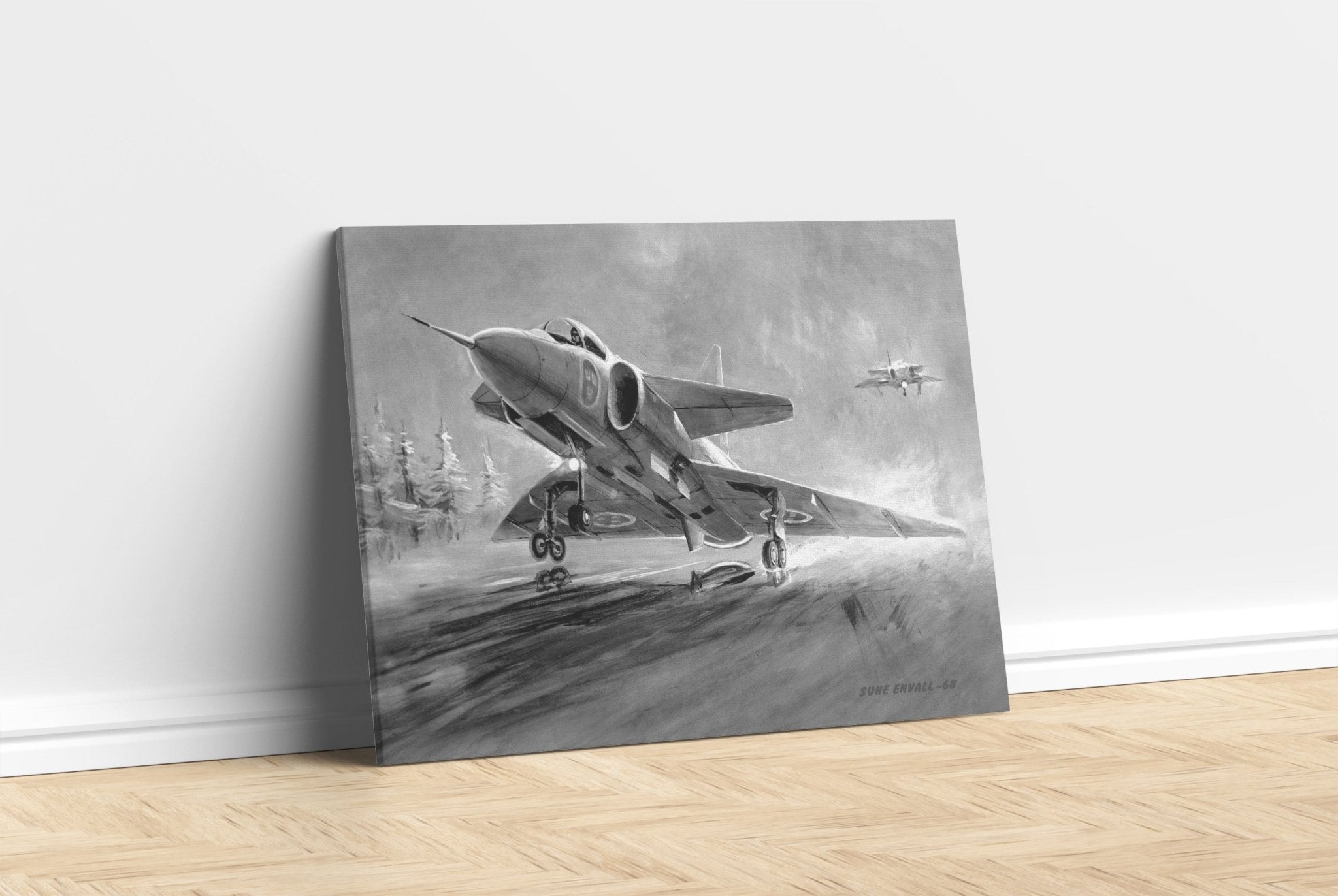 Viggen during landing canvas B&W - Transit Art