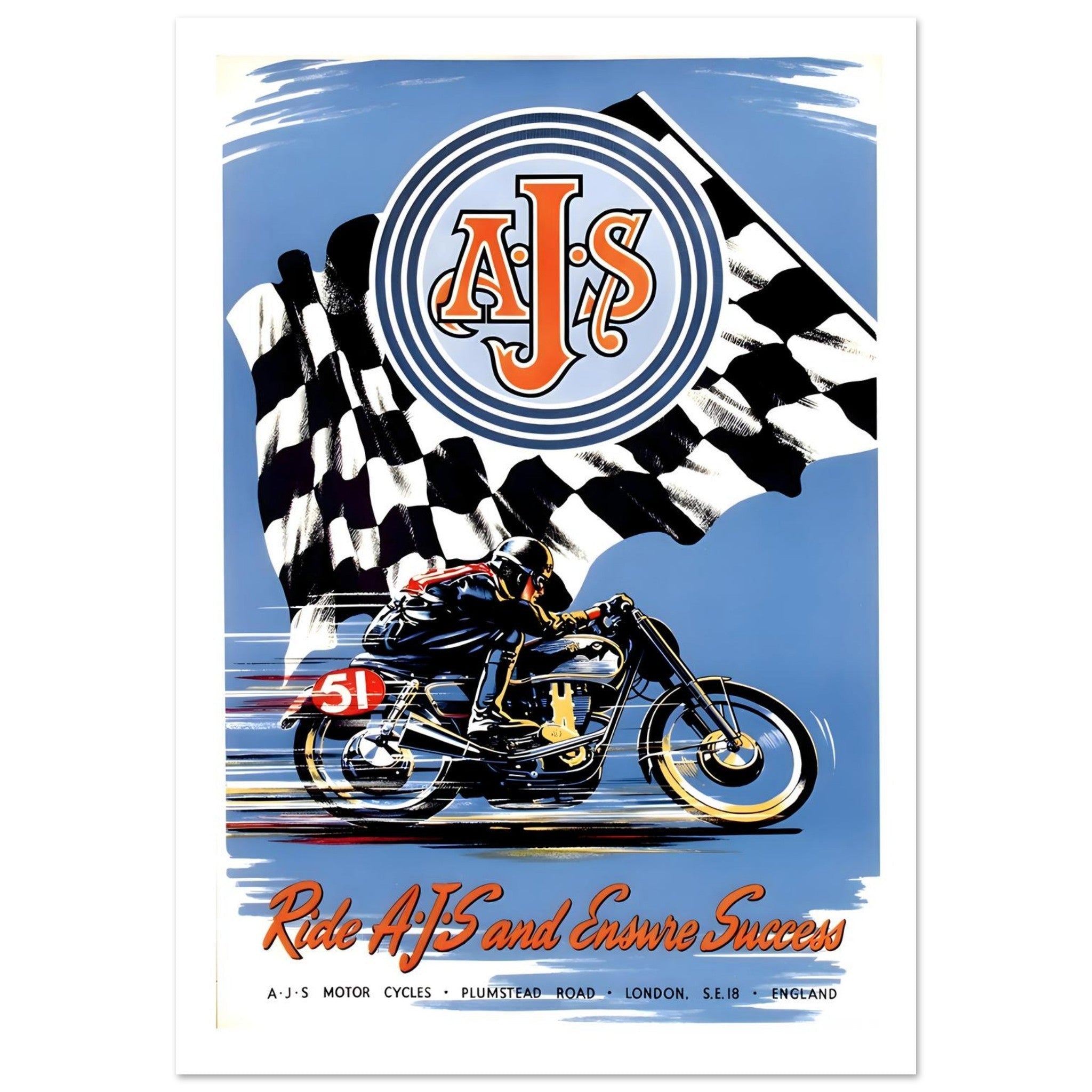 Vintage AJS Success Checkered Flag Poster - Transit Art