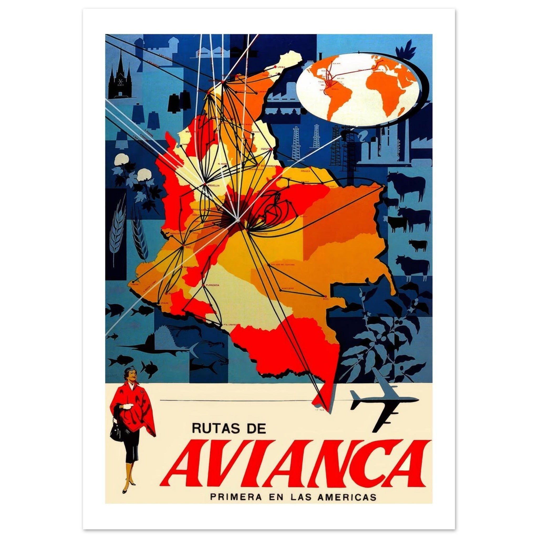 Vintage Avianca Map Poster Highlighting Colombian Flight Routes - Transit Art