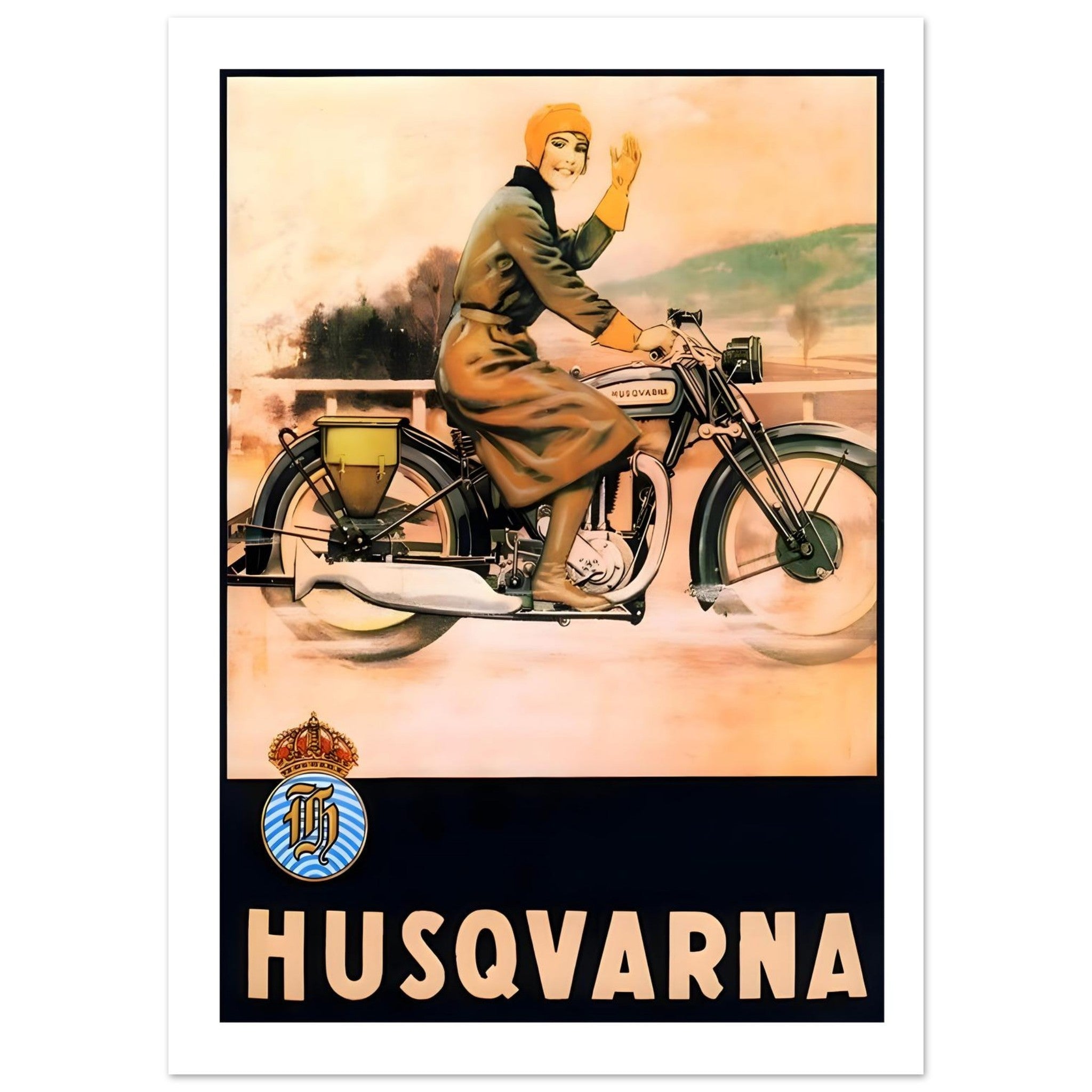 Vintage Husqvarna motorcycle poster featuring a stylish woman waving while riding a classic motorcycle in a soft landscape.