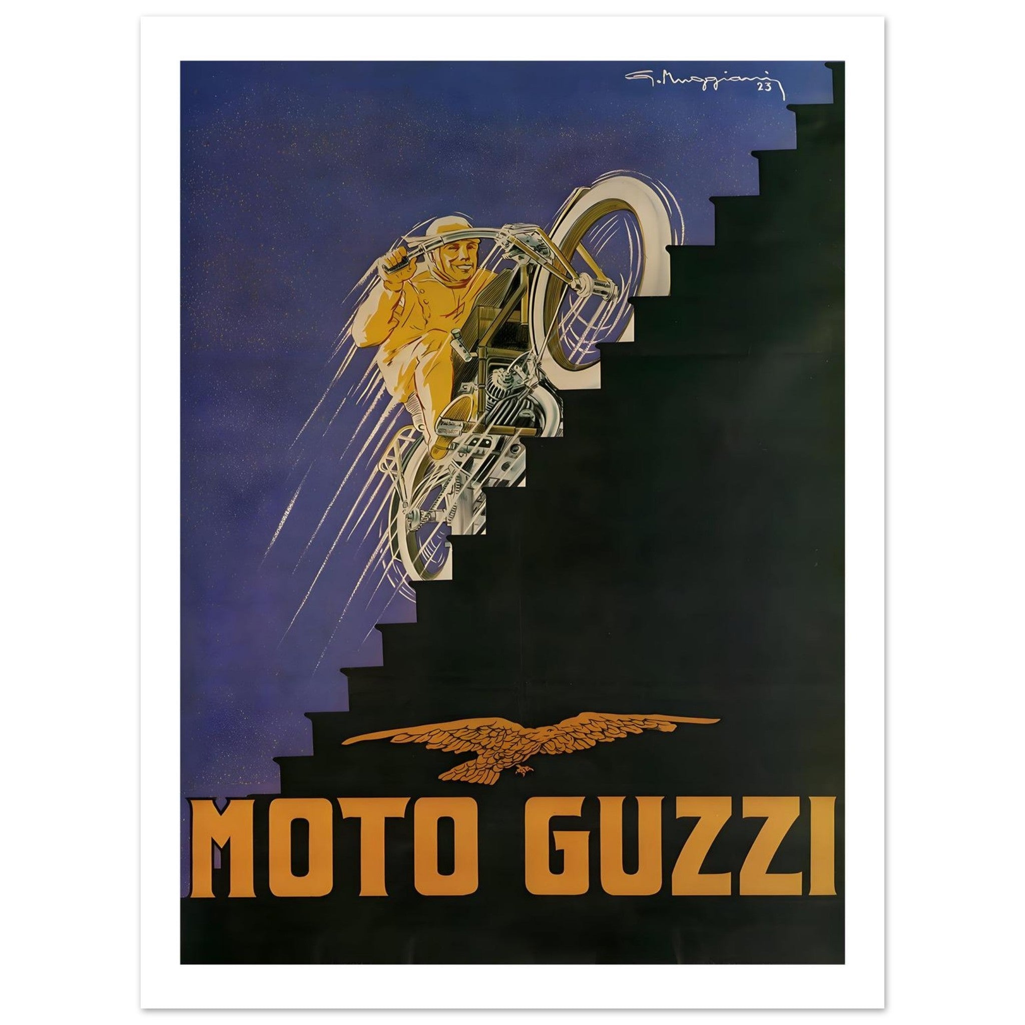 Vintage Moto Guzzi poster of a daring rider ascending stairs on a motorcycle, showcasing agility and thrill.