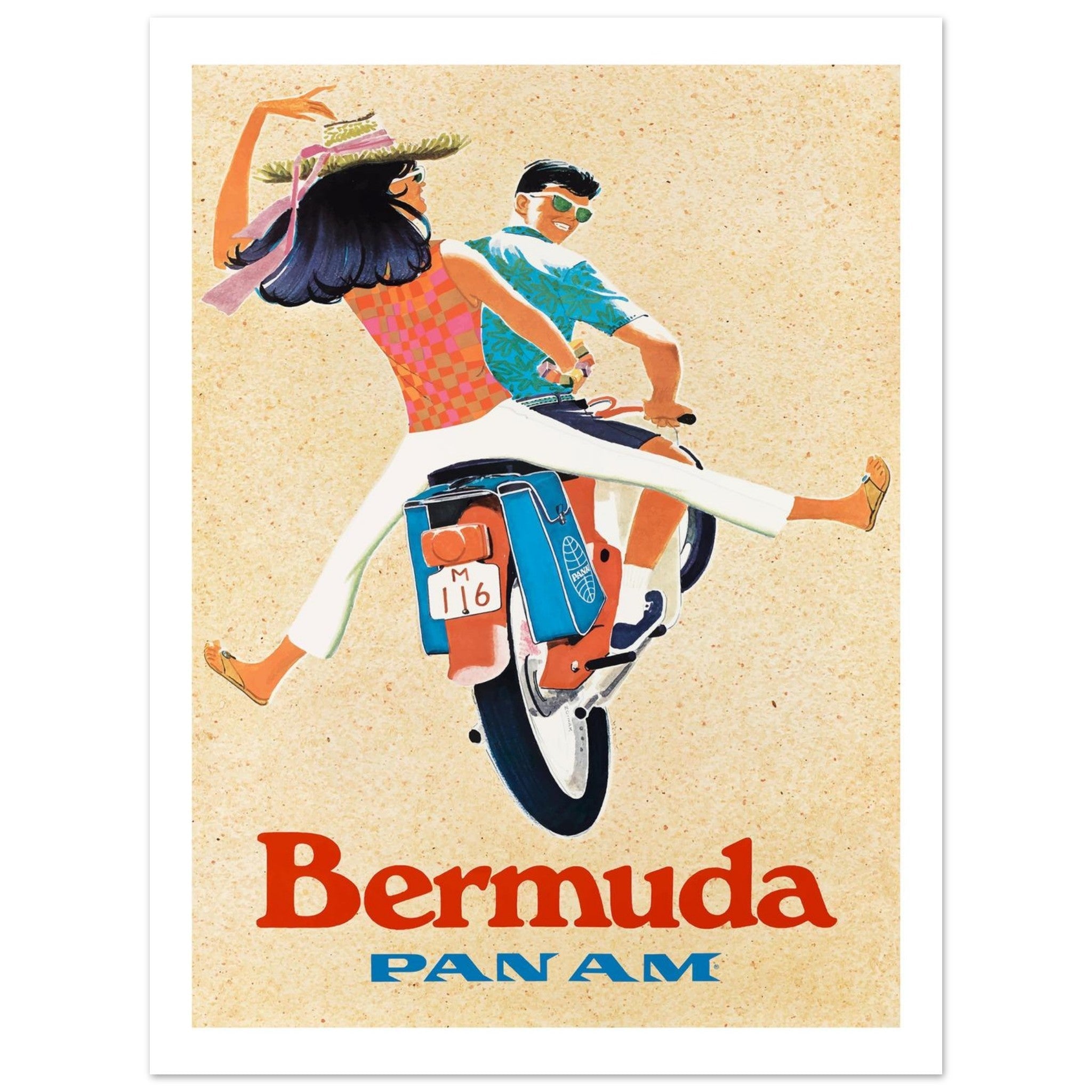 Vintage Pan Am Poster Featuring Playful Bermuda Scooter - Transit Art
