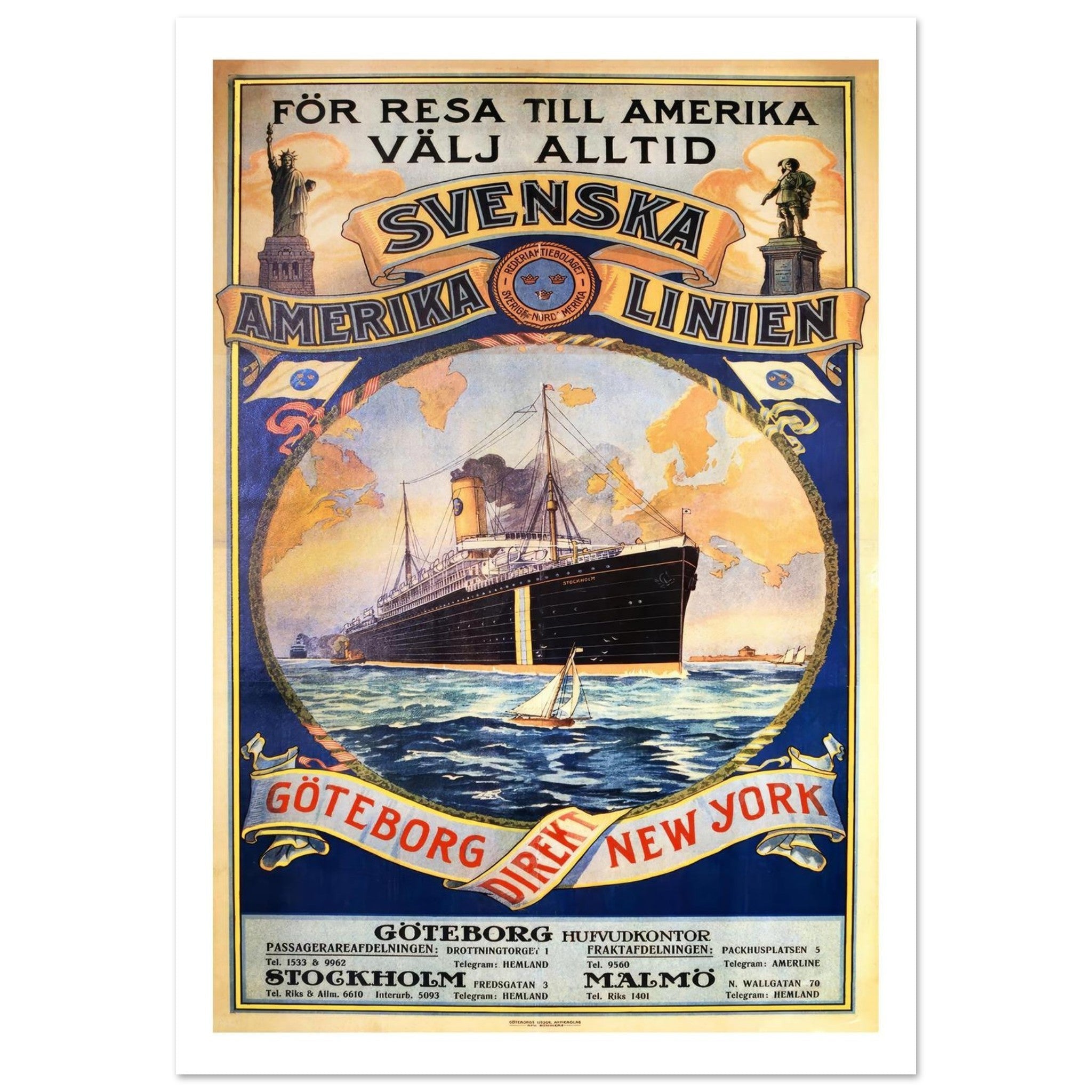 Vintage Swedish America Line Poster - Transit Art