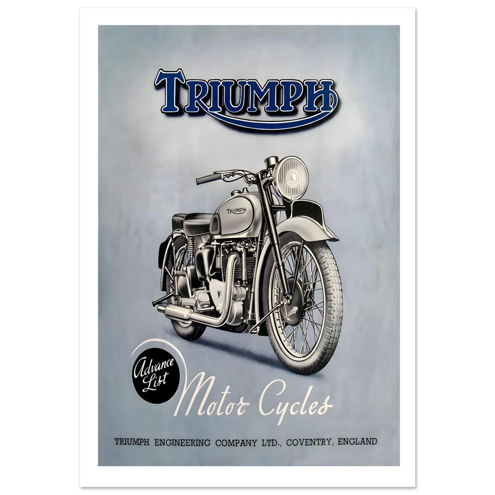 Vintage Triumph motorcycle poster featuring a classic bike against a soft blue background and vintage typography.