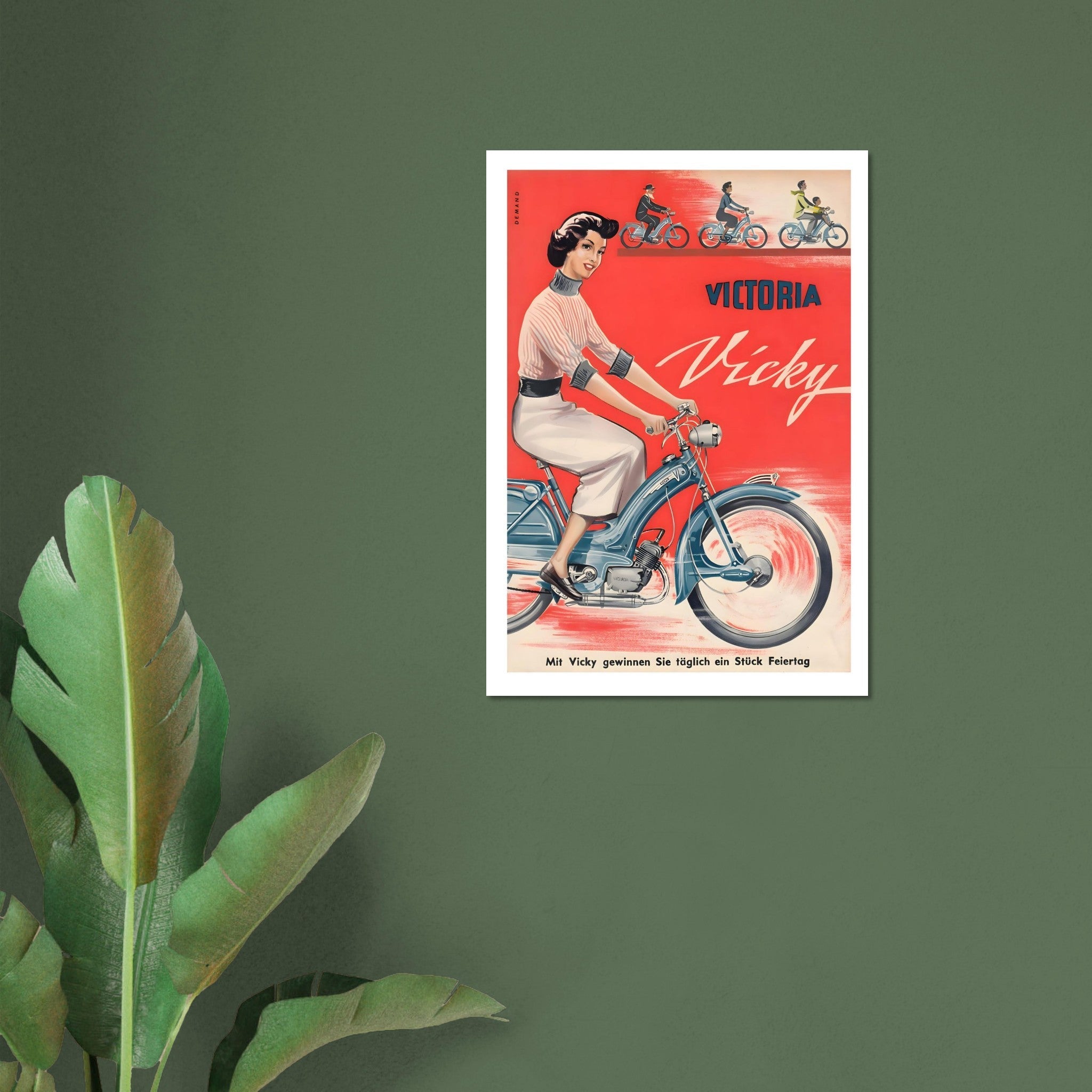 Vintage Victoria Vicky scooter advertisement poster featuring a woman riding a blue scooter against a bright red background.