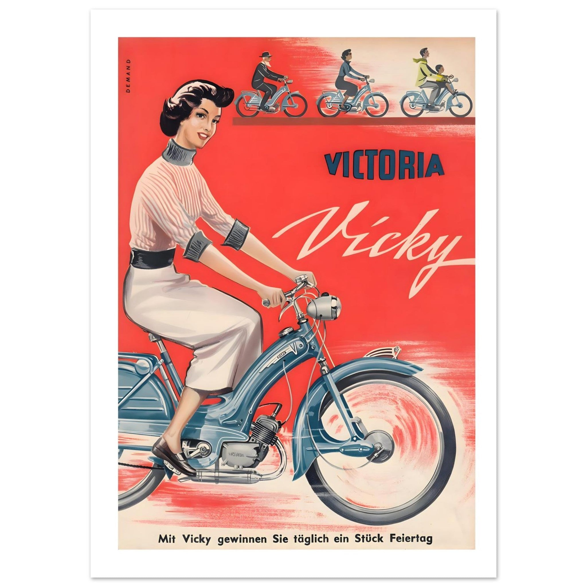 Vintage scooter advertisement poster featuring a young woman riding a blue Victoria Vicky scooter against a red background.