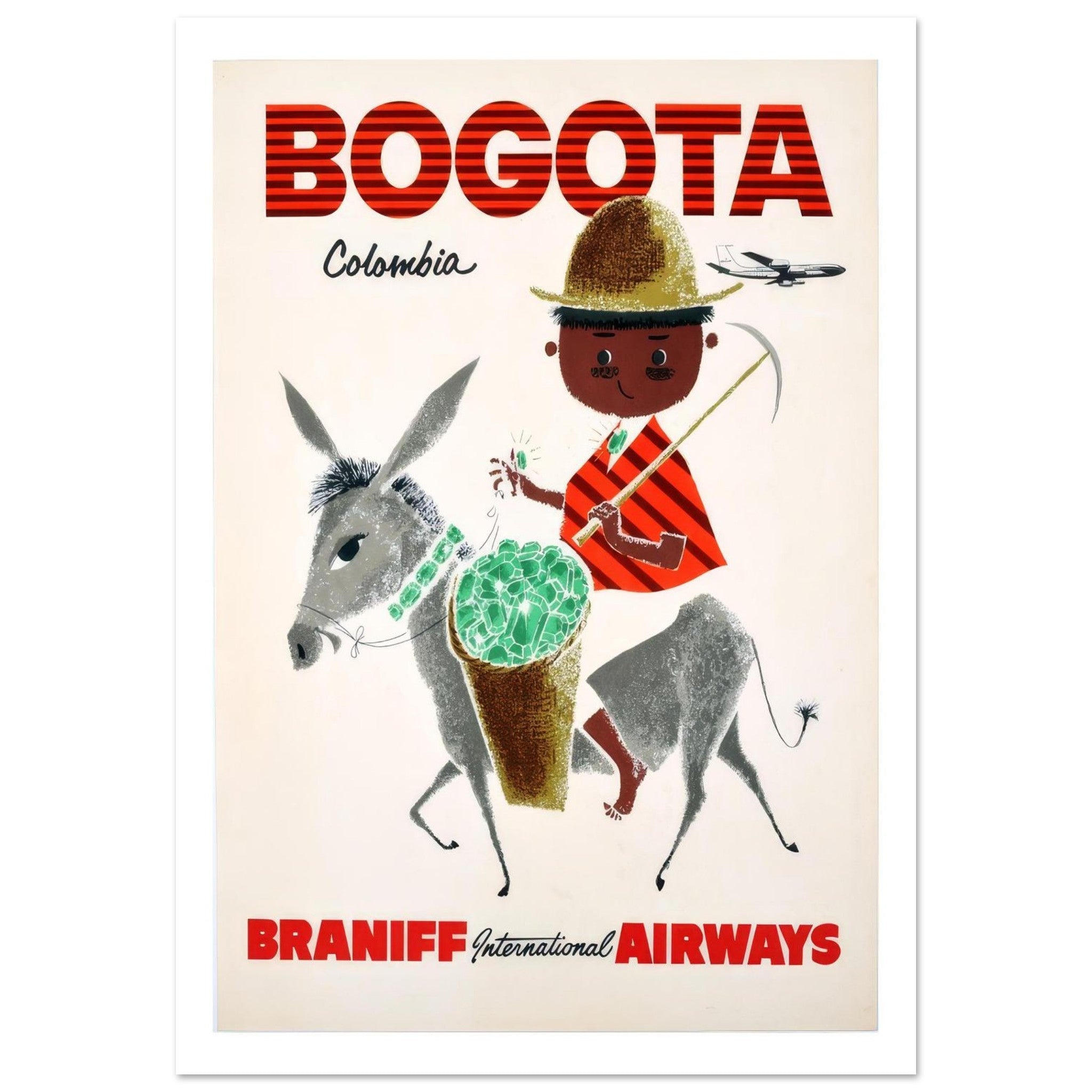 Whimsical Braniff Poster Promoting Bogota’s Rich Emerald Heritage - Transit Art