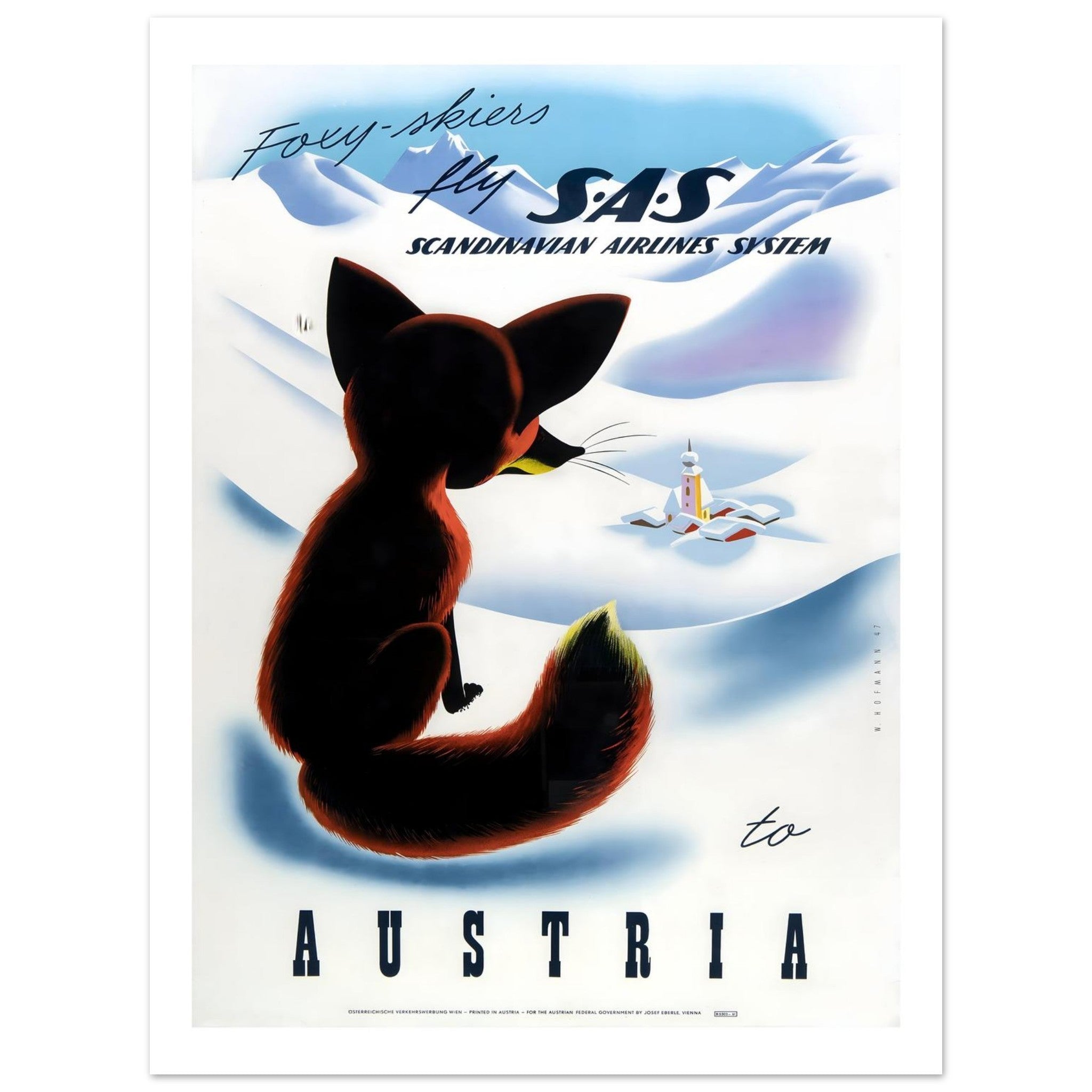 Whimsical SAS Travel Poster Featuring A Foxy Skier - Transit Art