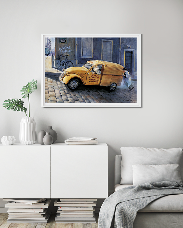 A Citroen food delivery truck struggling up the hill in Montmartre. 