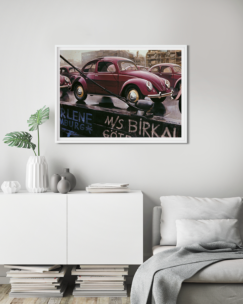 Volkswagen beetles at the docks in Hamburg, Germany after the war. 