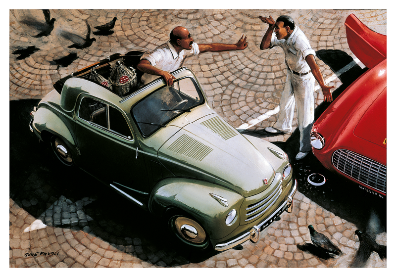 Collision on the streets of Milan involving a Ferrari and a Fiat