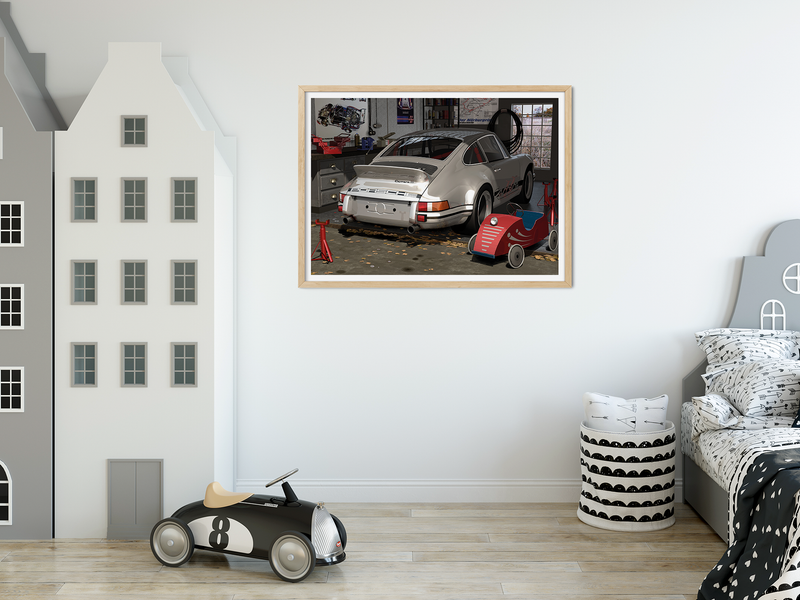 Porsche Carrera standing in a garage. Illustration with incredible techniques and details.