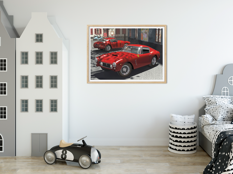 Ferrari´s on a square in an italian village. 