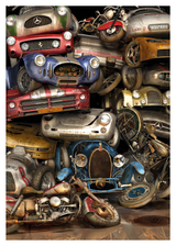 Mercedes, Ferrari, Porsche, Harley Davidson, Bugatti, Audi. All on a scrap yard 