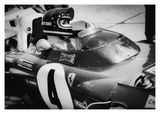 Black and white photo of the legendary driver, Jacky Ickx before the race at Nürburgring.