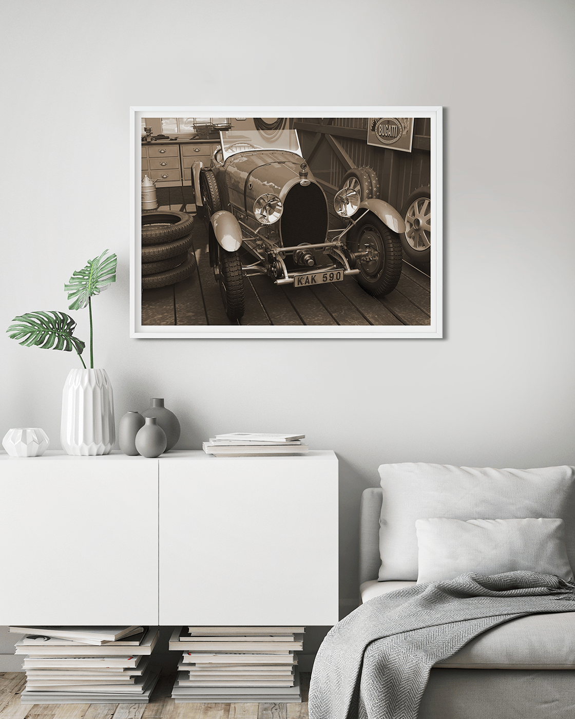 Bugatti in garage - Sepia - Transit Art