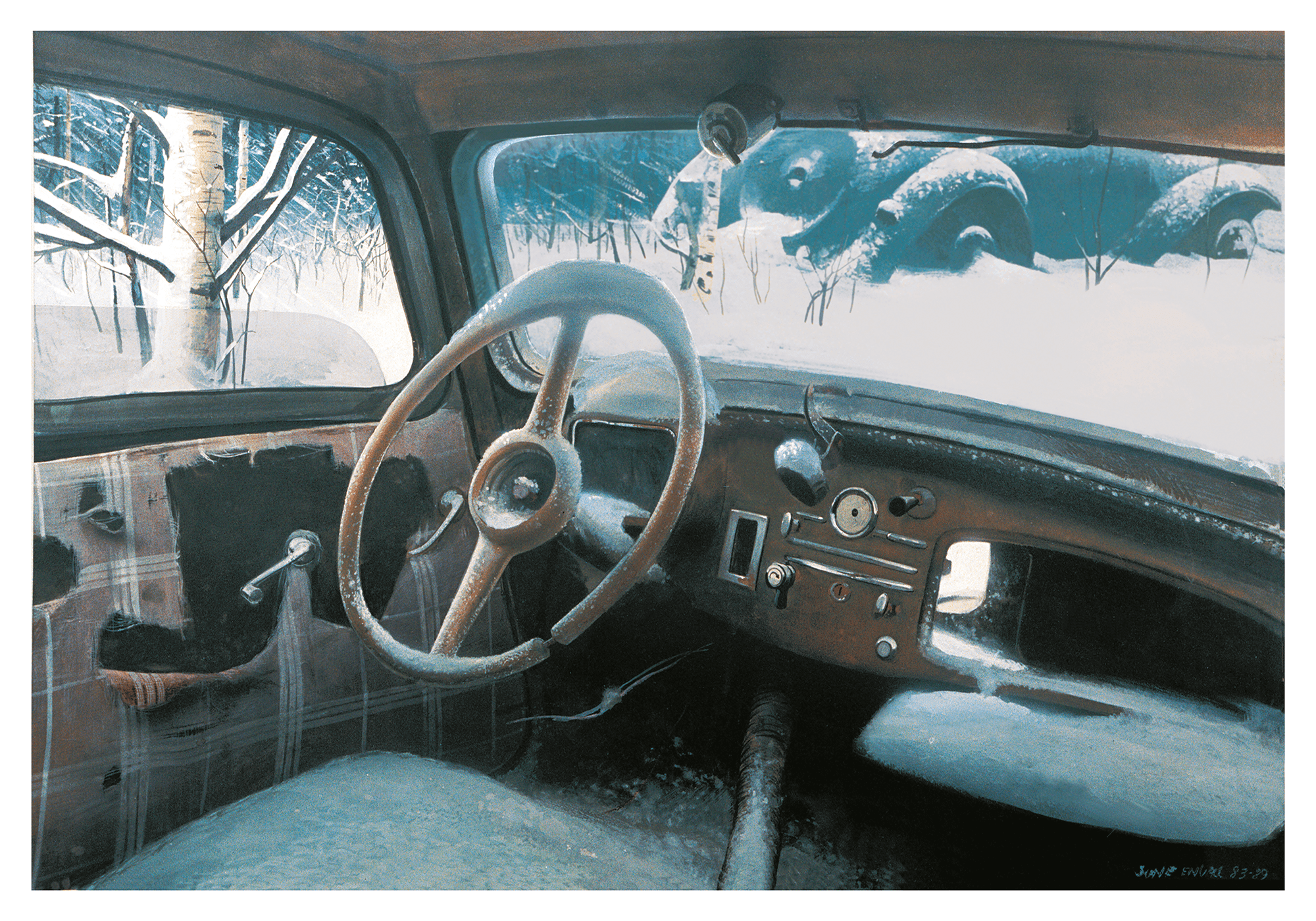 Citroen Wreck, Abandoned Citroen in a snowy Scandinavian landscape. Original painting in Gouache. Available as high quality print on Giclée, 200 gsm / 80 lb museum-quality poster made on thick and long-lasting matte (uncoated) paper. Available in 3 differ