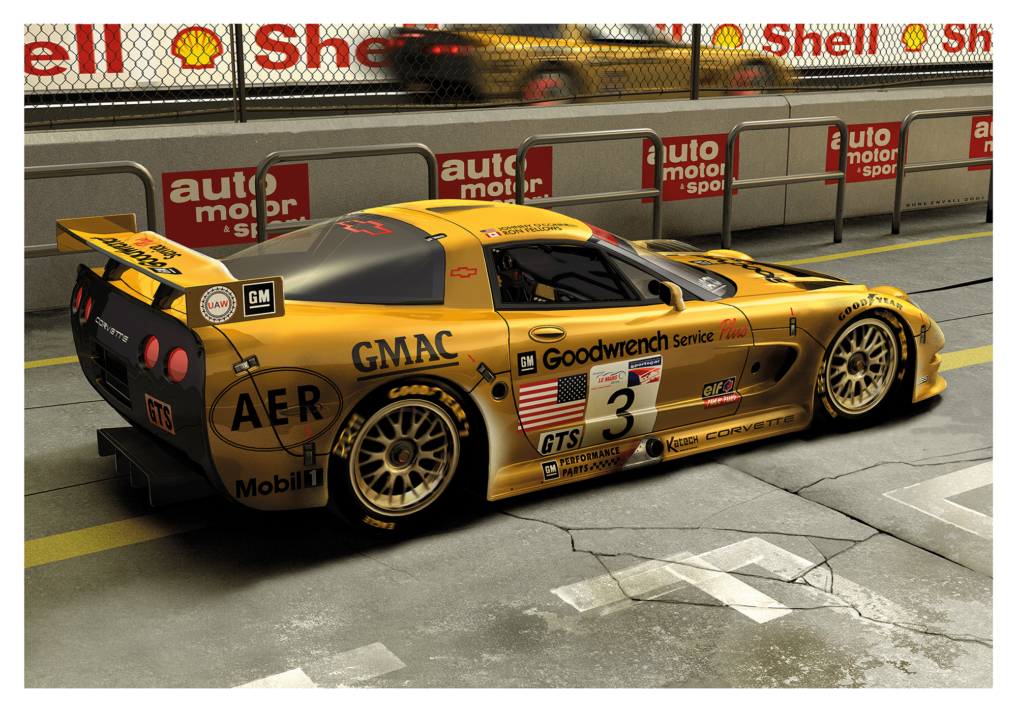 Corvette on pit lane, Ron Fellow's 2001 Corvette at pit stop. Ron Fellows' racing Corvette is a marvel of automotive engineering, designed to dominate the racetrack. With its powerful engine, aerodynamic finesse, and precise handling, this exceptional mac