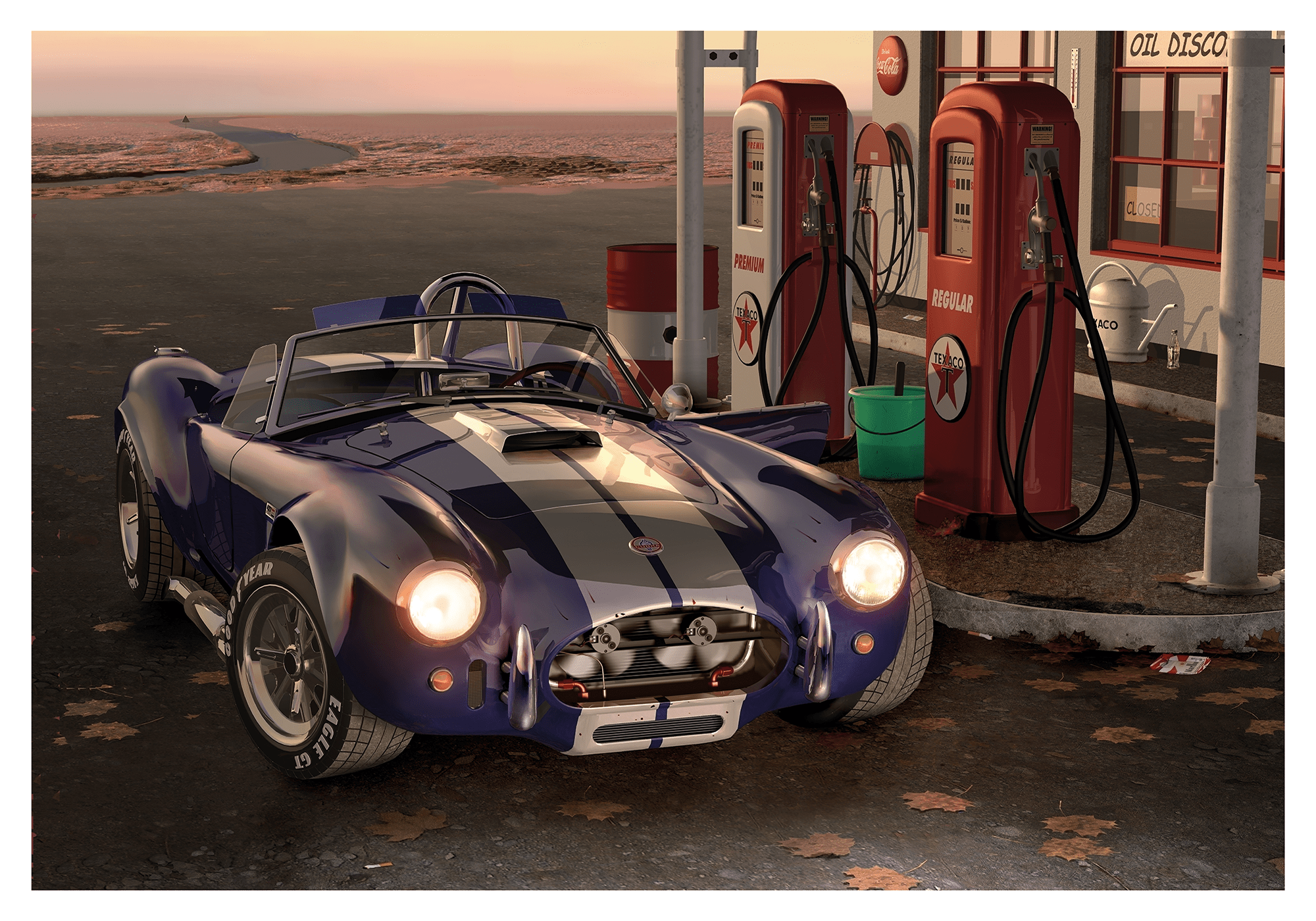 Gas stop, Shelby 427 Cobra filling up. Carrol Shelby's 427 Cobra is a high-performance sports car that seamlessly combines power, elegance, and craftsmanship. It was originally produced in the 1960s, and its popularity has endured through the decades, mak