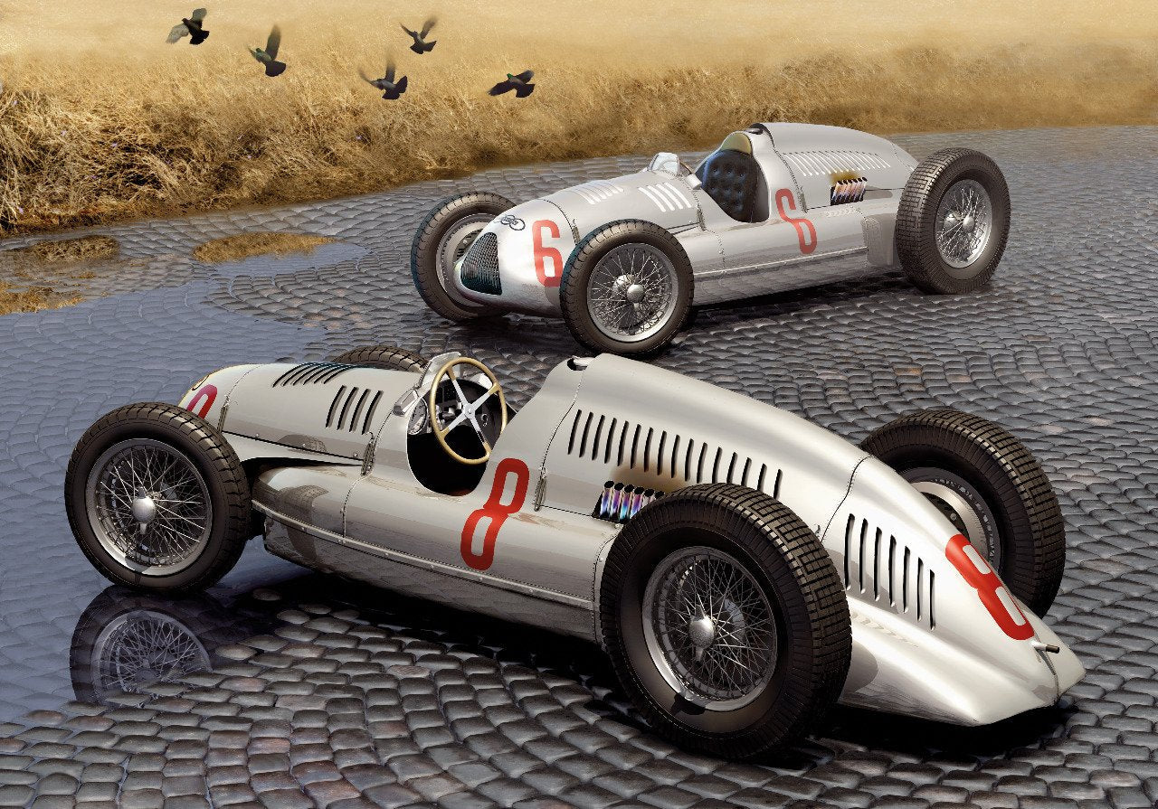 German Birds II, Auto Union Type D on cobble stones. The Auto Union Type D is a legendary vehicle that has captured the hearts of car enthusiasts for decades. Originally built in the mid-1930s, this iconic racing car has recently undergone a remarkable re