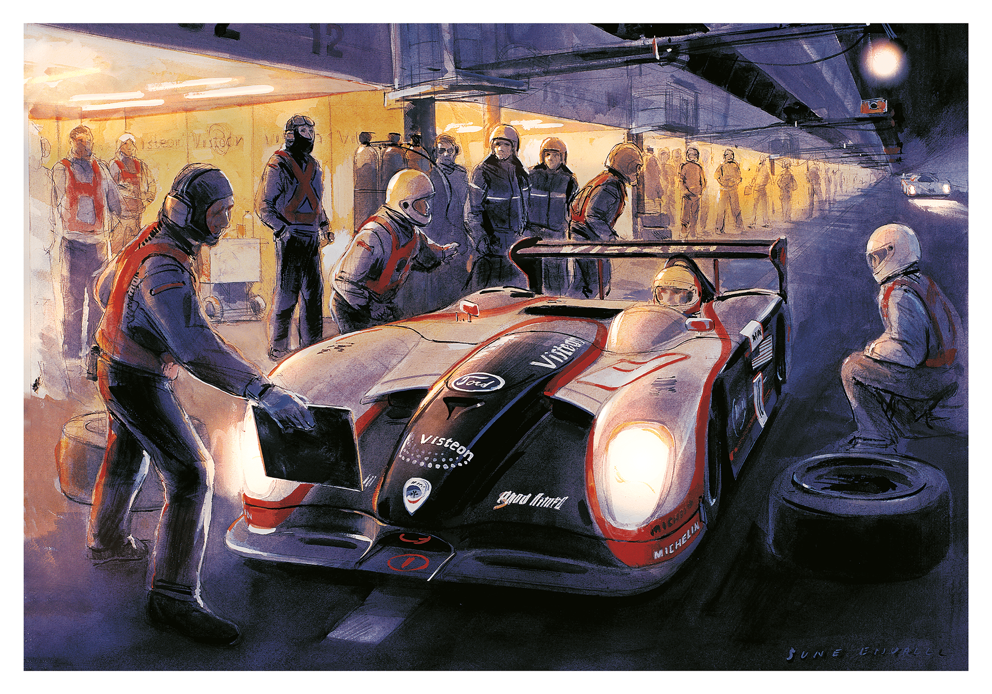 LeMans Night, Panoz LMP-1 race car in the pits at Le Mans. The Panoz LMP-1 race car embodies the spirit of endurance racing at Le Mans. Its unparalleled performance, unmatched reliability, and captivating design make it a force to be reckoned with on the