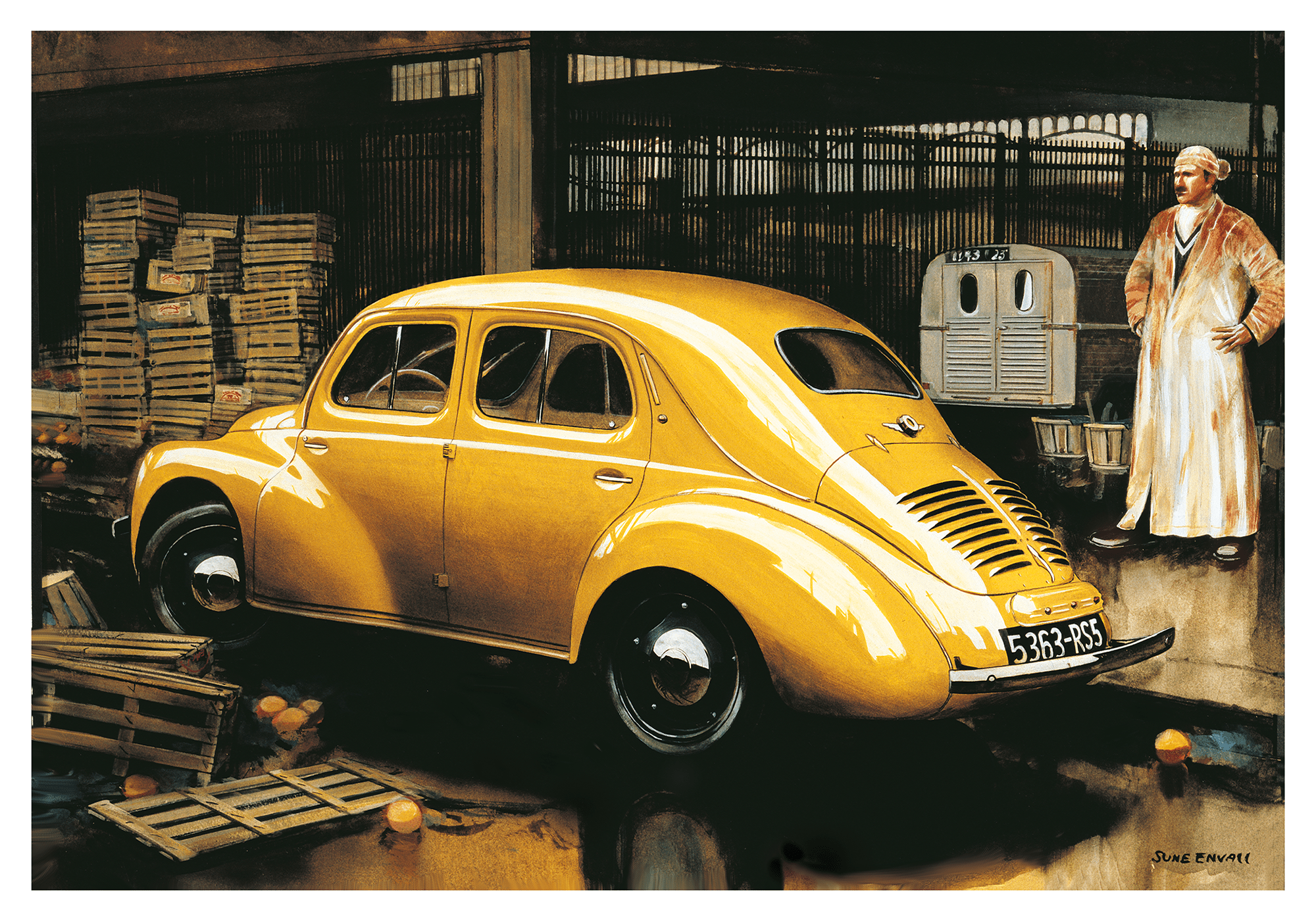 Les Halles, Paris, A Renault at Les Halles, Paris. The Renault 4CV made its debut in 1946 as a response to the post-World War II demand for affordable transportation. Designed by Louis Renault, this petite four-door sedan quickly gained popularity and bec