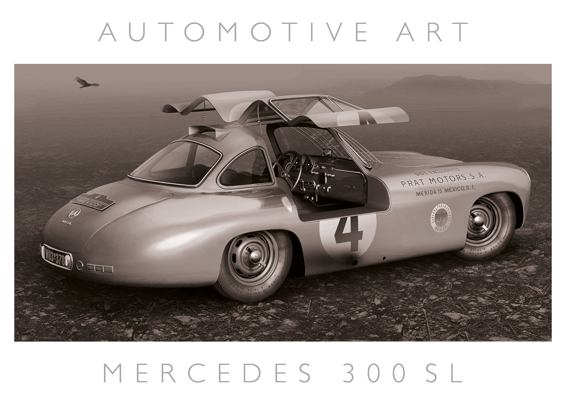 Mexican Dusk - BW, Mercedes 300 SL at Carrera Panamericana in Mexico. In 1952, the Mercedes 300 SL made its inaugural appearance at the Carrera Panamericana, capturing the hearts of motorsport enthusiasts around the world. The race, spanning over 2,000 ki