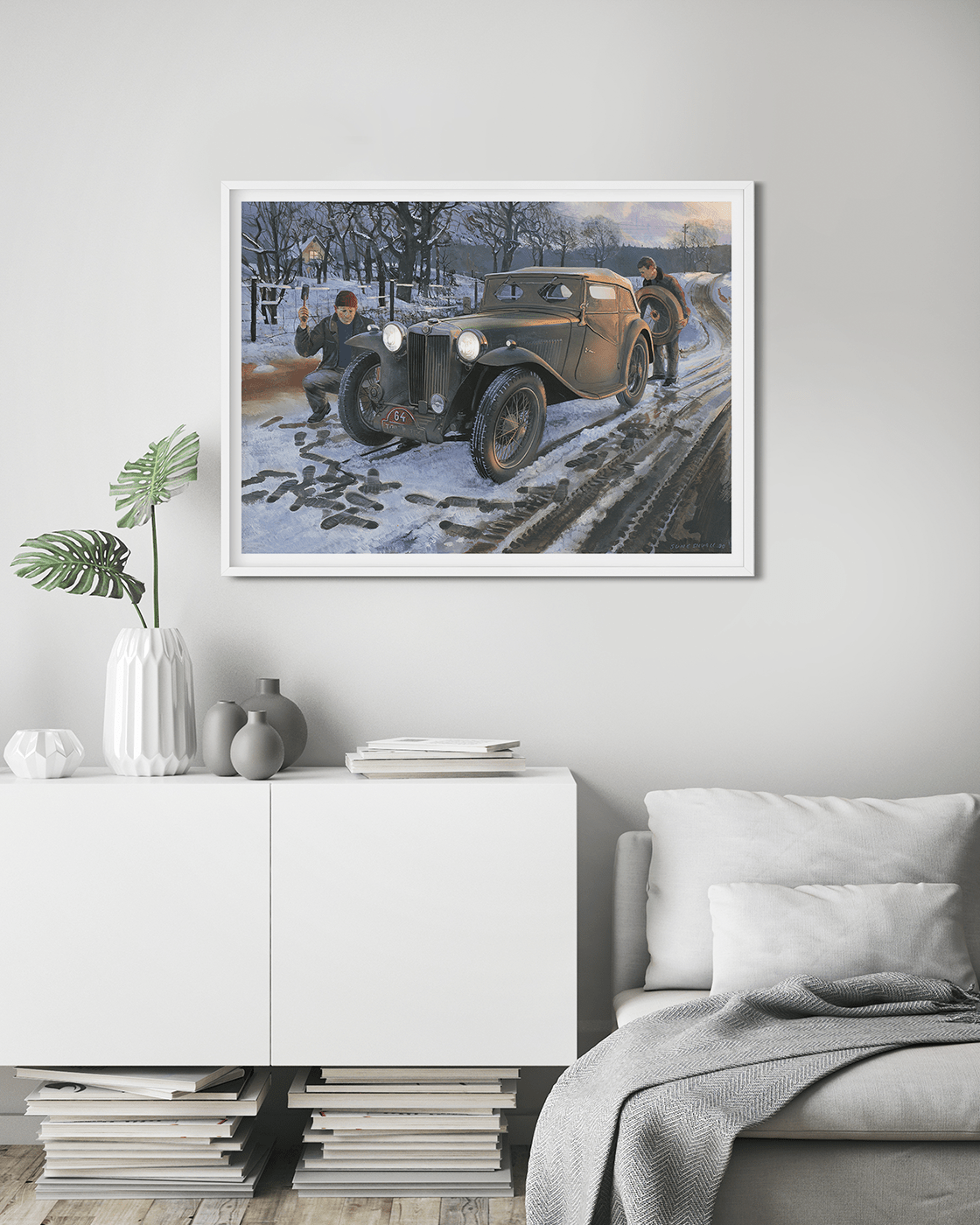 Nordic Rally, Changing tyres on a MG TC during a winter rally in Scandinavia. The MG TC's classic design is a sight to behold, even amidst the winter wonderland of a rally. Its sleek lines, chrome accents, and compact body capture the essence of British s