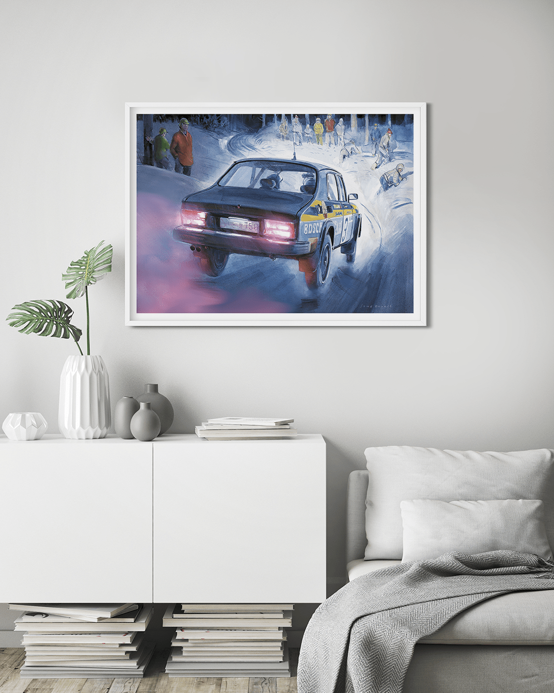 Nordic Winter Rally, Night Rally in Sweden. A SAAB 99 Turbo entering a curve. The SAAB 99 Turbo rally car remains an enduring symbol of power, precision, and style in the world of rallying. Its turbocharged engine, exceptional handling, and iconic design