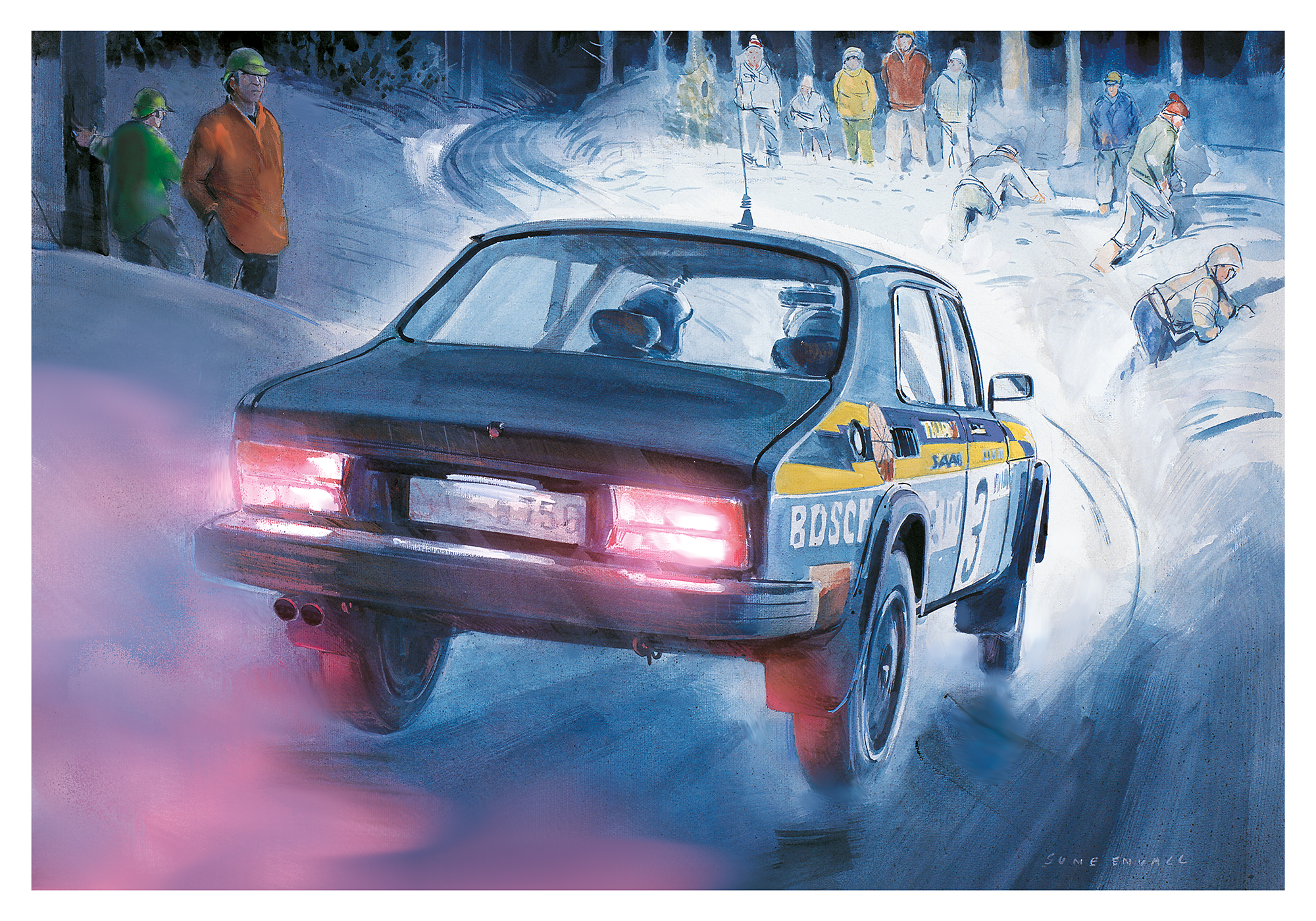 Nordic Winter Rally, Night Rally in Sweden. A SAAB 99 Turbo entering a curve. The SAAB 99 Turbo rally car remains an enduring symbol of power, precision, and style in the world of rallying. Its turbocharged engine, exceptional handling, and iconic design