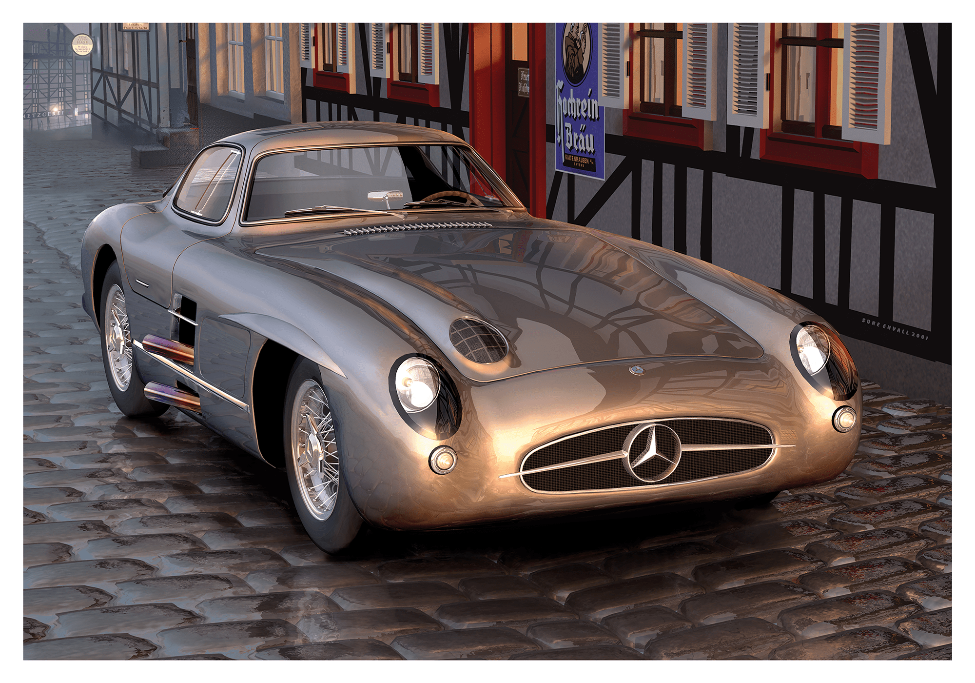 Uhlenhaut´s car, Mercedes 300 SL outside of a german restaurant. In the idyllic setting outside the German restaurant, the Mercedes 300 SL stands as a testament to timeless elegance and German ingenuity. The allure of this automotive icon is impossible to
