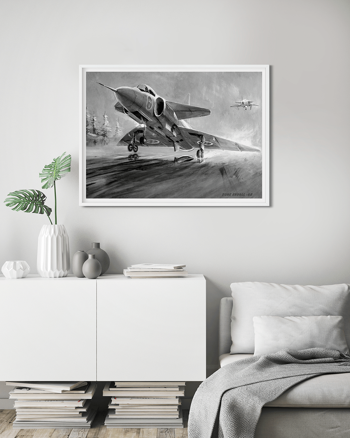 Viggen during landing - BW, The SAAB fighter jet Viggen landing on a swedish road base in bad weather. Original painting in oil from 1968. Available as high quality print on Giclée, 200 gsm / 80 lb museum-quality poster made on thick and long-lasting matt