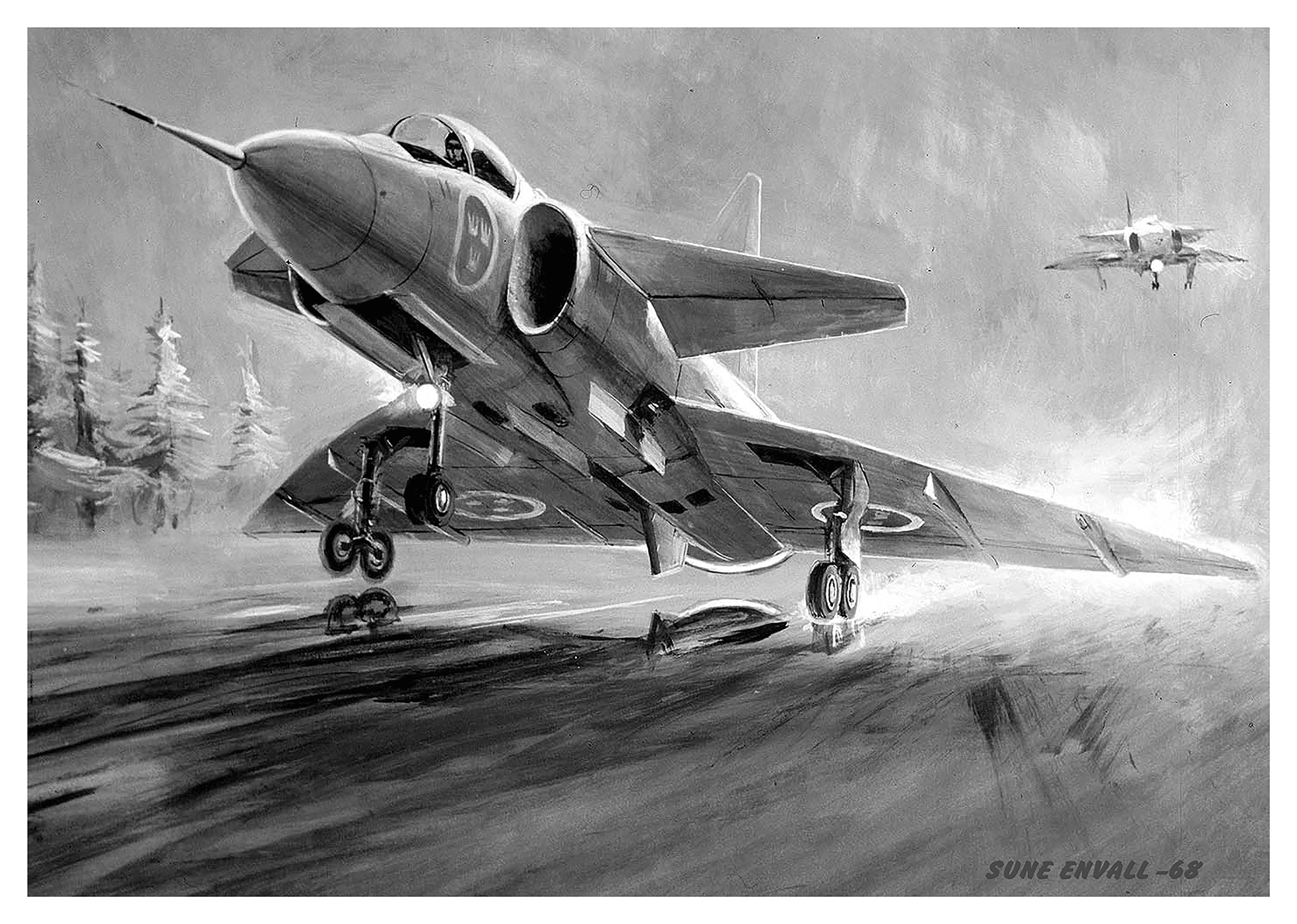Viggen during landing - BW, The SAAB fighter jet Viggen landing on a swedish road base in bad weather. Original painting in oil from 1968. Available as high quality print on Giclée, 200 gsm / 80 lb museum-quality poster made on thick and long-lasting matt